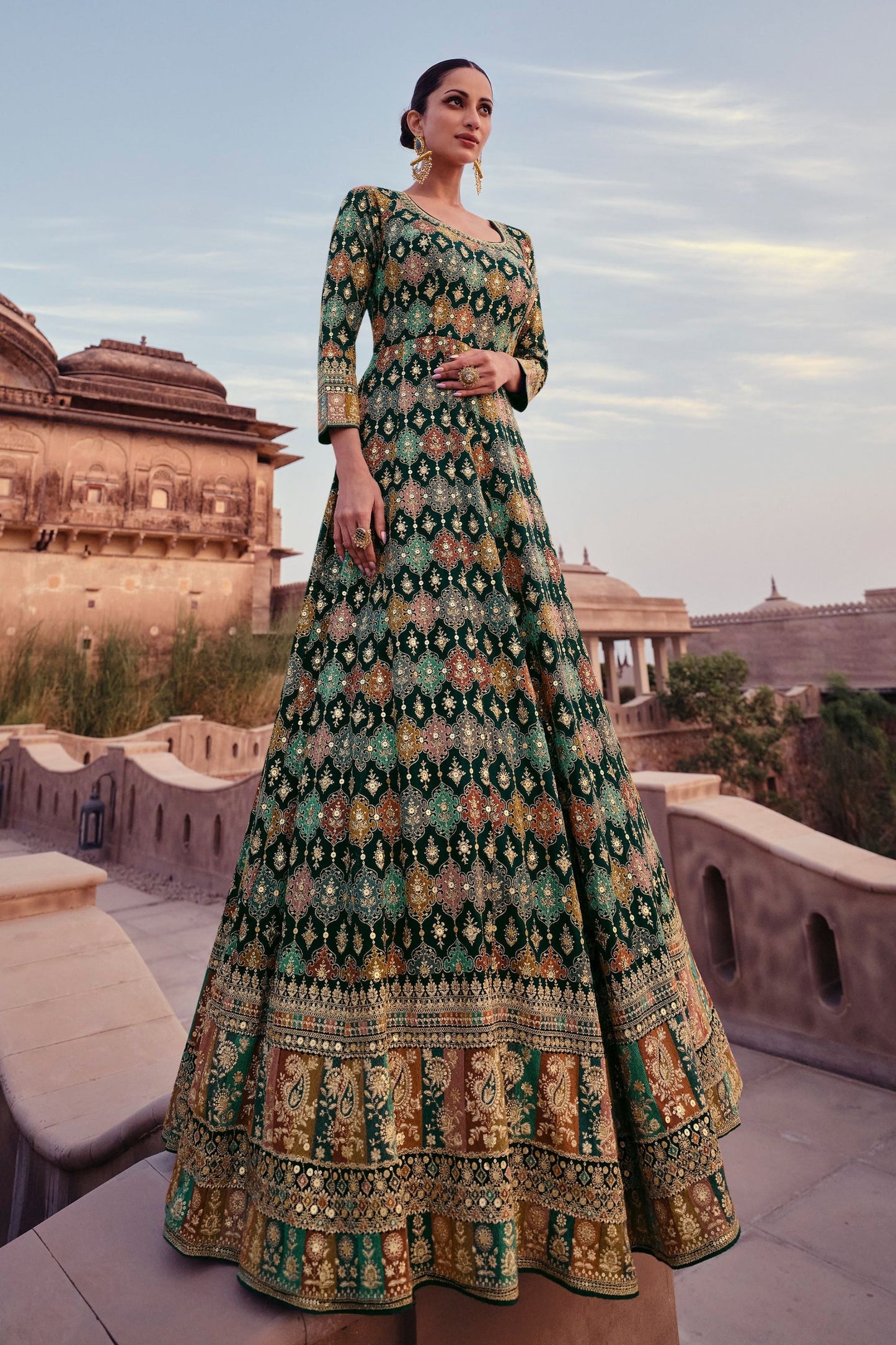 Green Georgette Floor Full Length Anarkali Gown For  Festivals &  Weddings - Embroidery Work