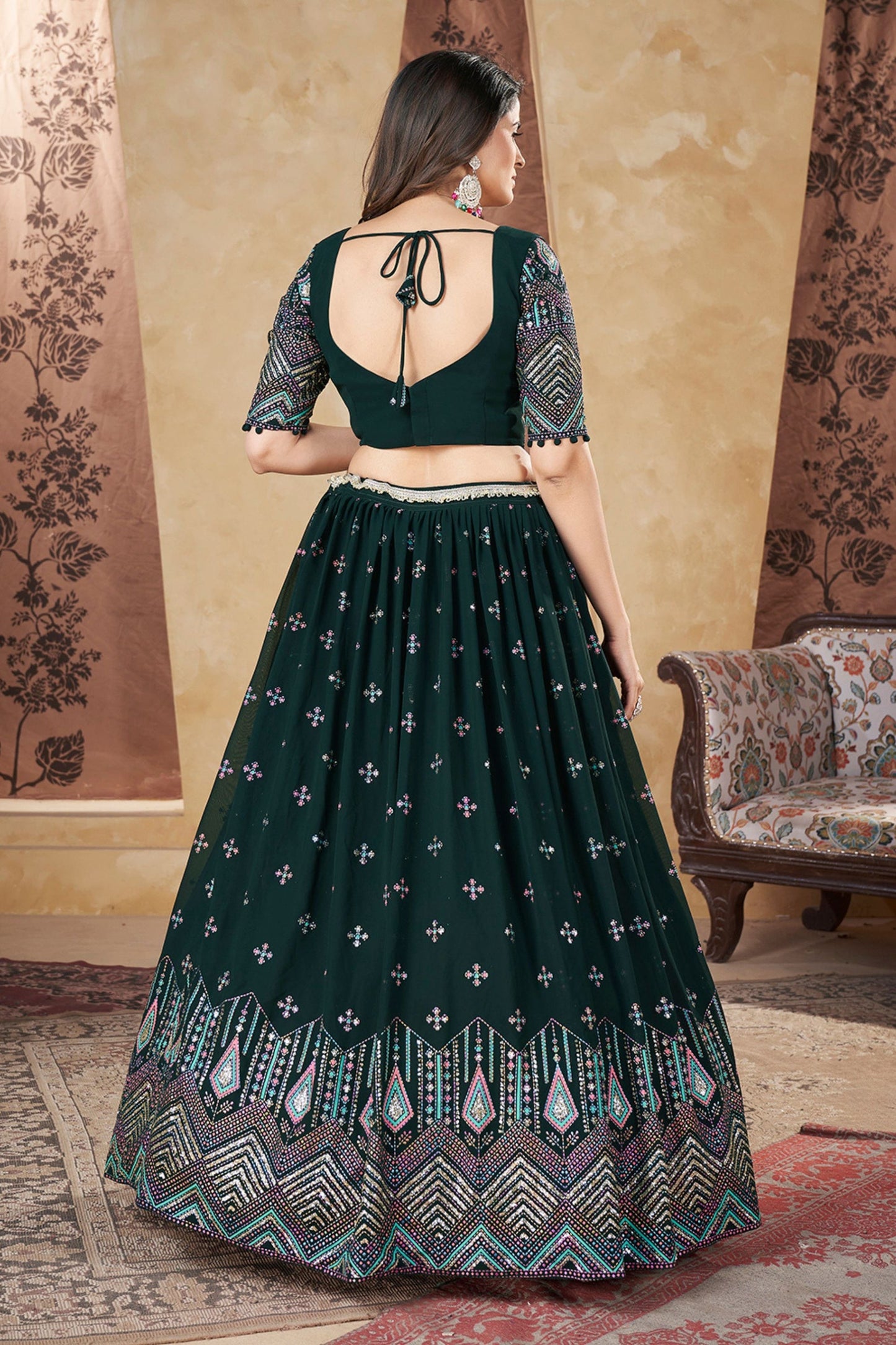 Green Georgette Lehenga Choli For Festivals & Weddings - Thread Embroidery Work, Foil Mirror Work
