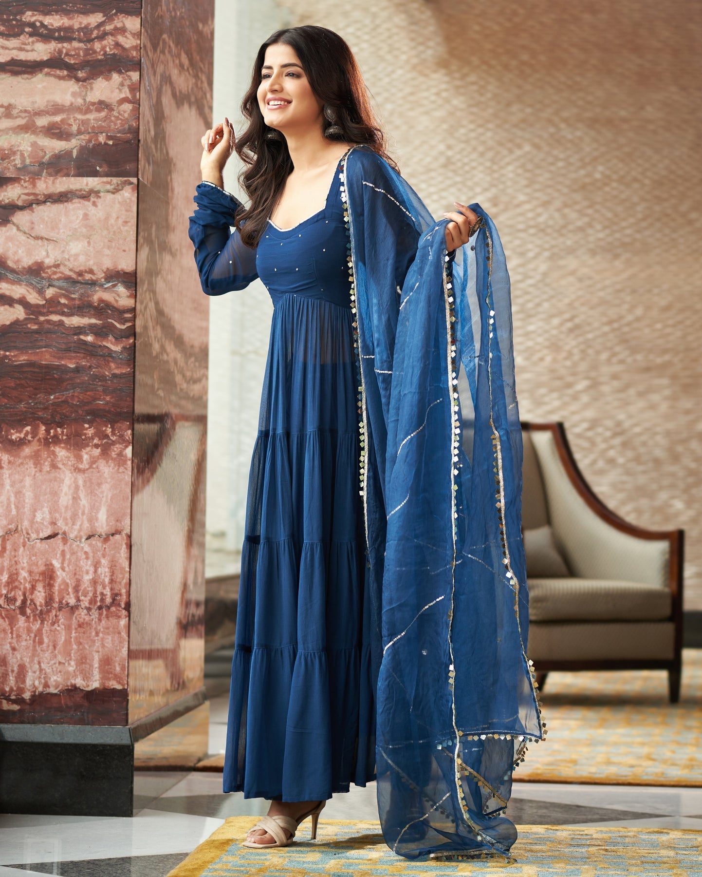 Stitched Anarkali Georgette Suit Set + Dupatta : Blue