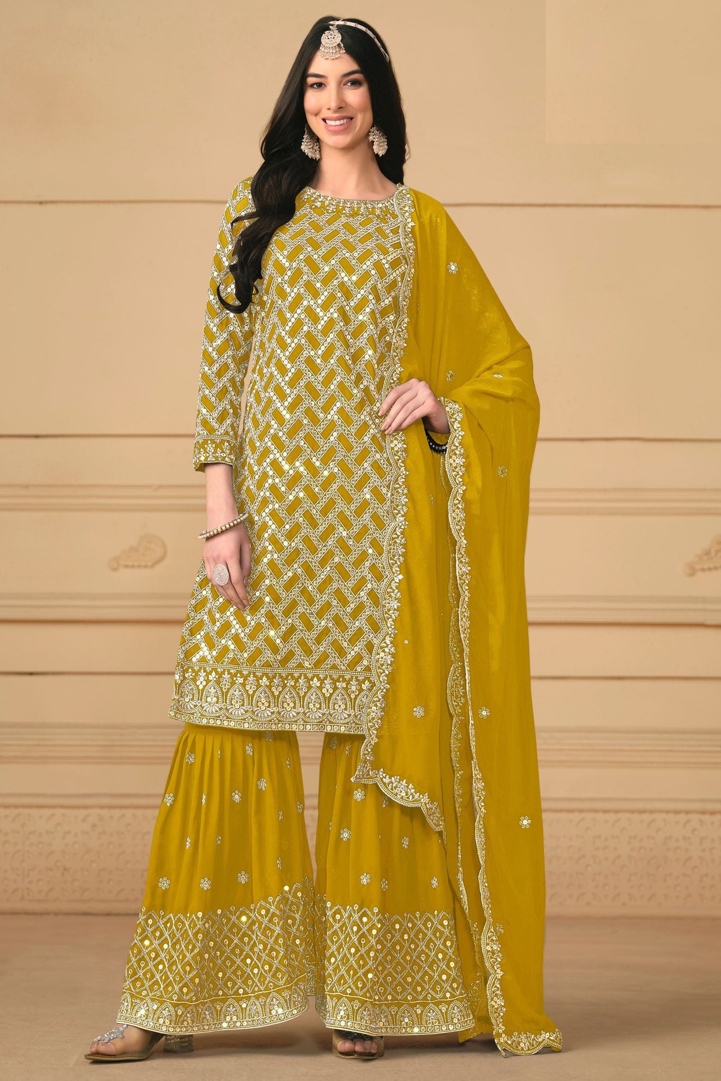 Golden Georgette Sharara Suit - Embroidery Work