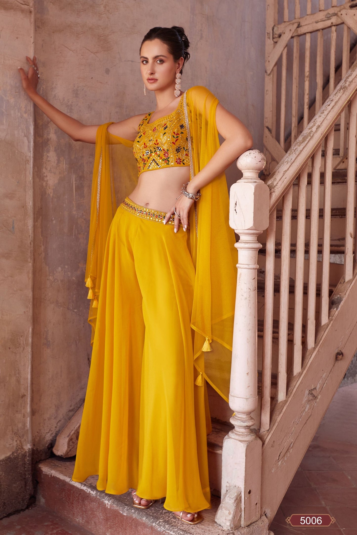 Yellow Georgette Palazzo Choli For Festivals & Weddings - Thread Embroidery Work, Hand Embellishment, Mirror Work