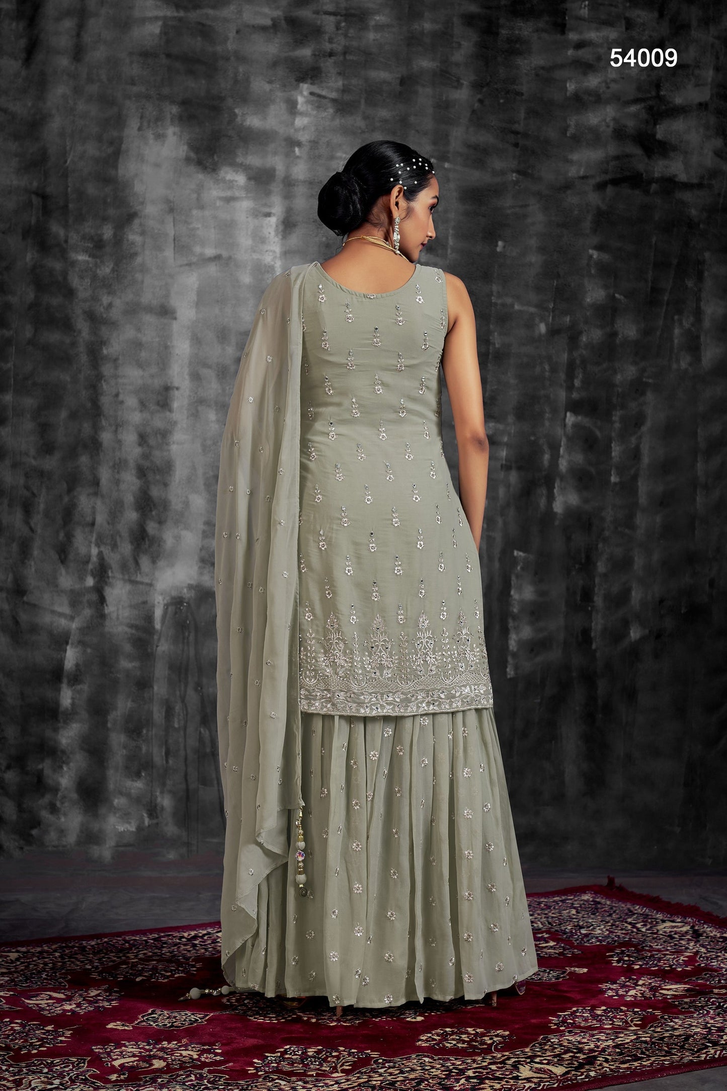 Pista Georgette Sharara suit - Thread Embroidery Work, Mirror Work, Zari Work, Zarkan Work