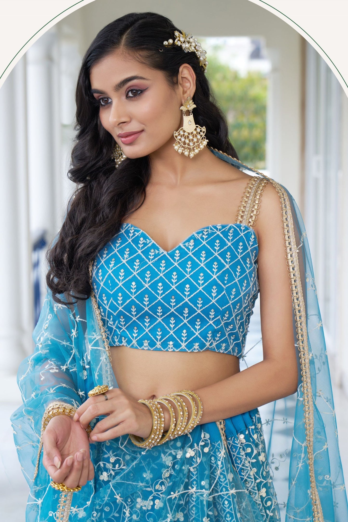 Turquoise Net Embroidered Lehenga Choli For  Festival & Weddings - Embroidery Work