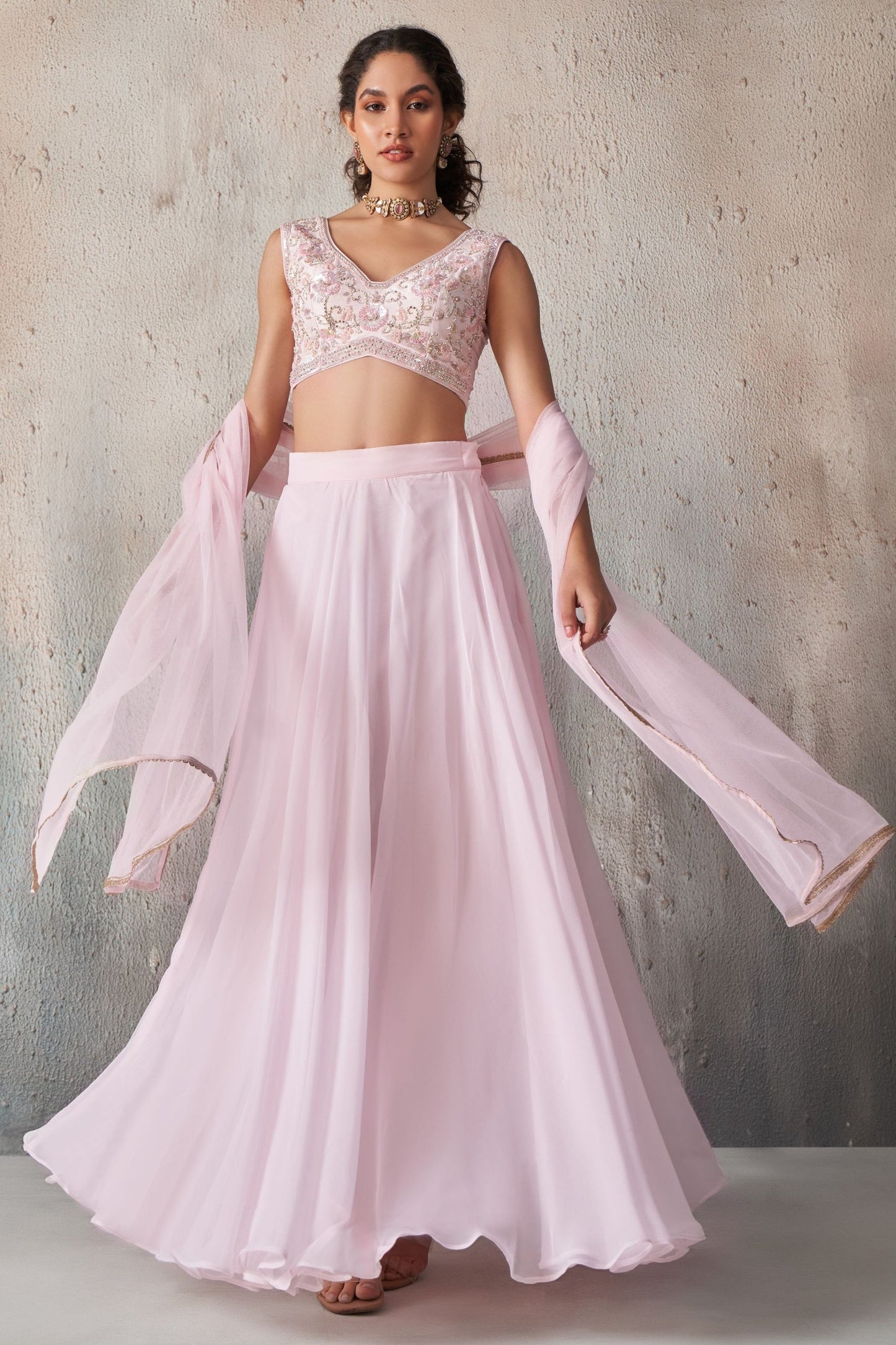 Light Pink Georgette Sleeveless Lehenga Choli For Festivals & Weddings - Khatli Work, Sequence Embroidery Work, Resham Work, Cut Dana Work, Moti Work