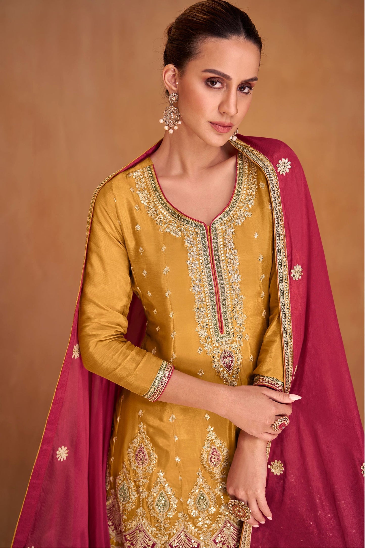 Mustard Chinon Silk Plus Size Plazzo Suit For Indian Festivals & Weddings - Embroidery Work