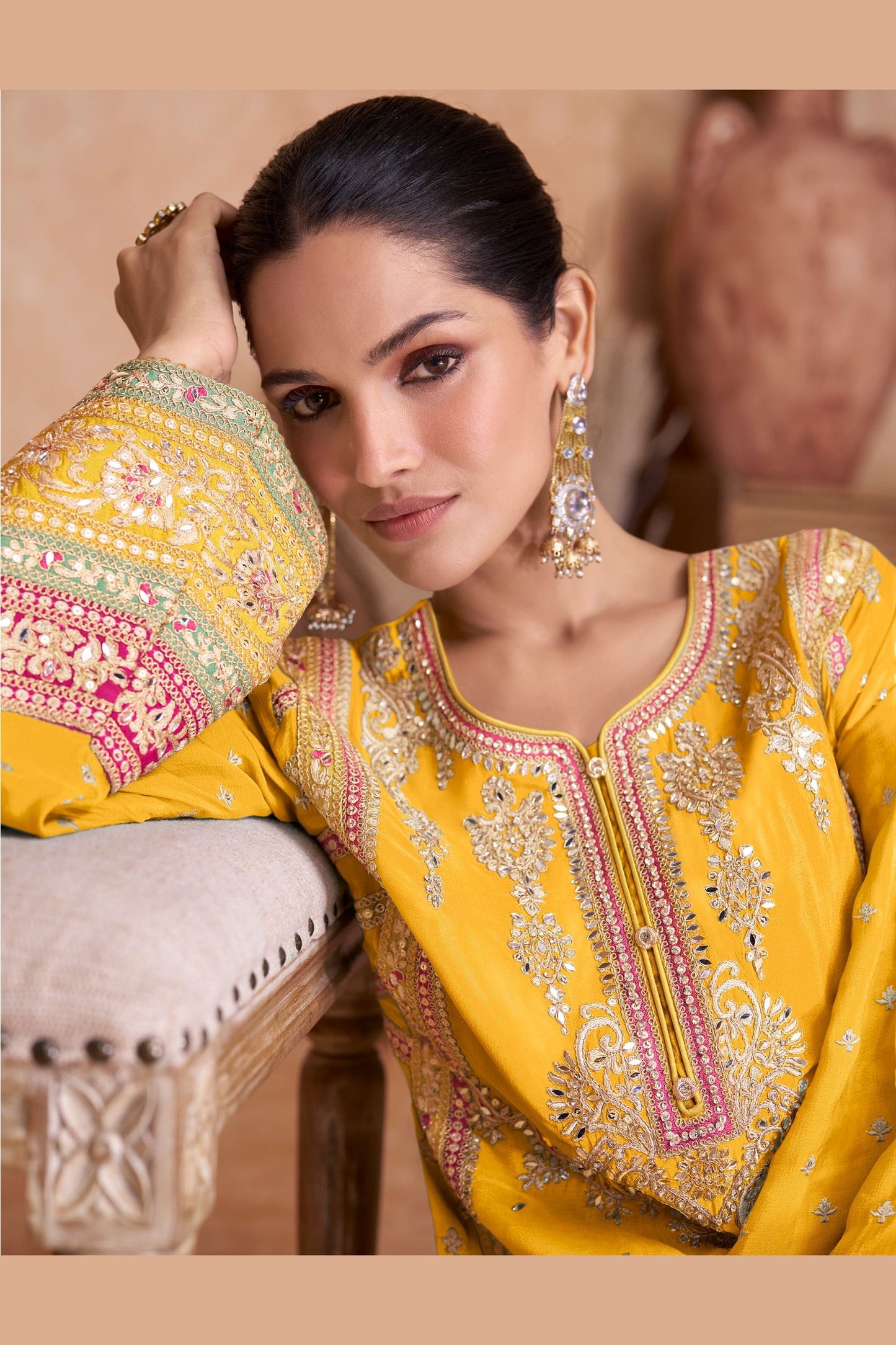 Yellow Chinon Plazo Suit For Indian Festivals & Weddings - Embroidery Work