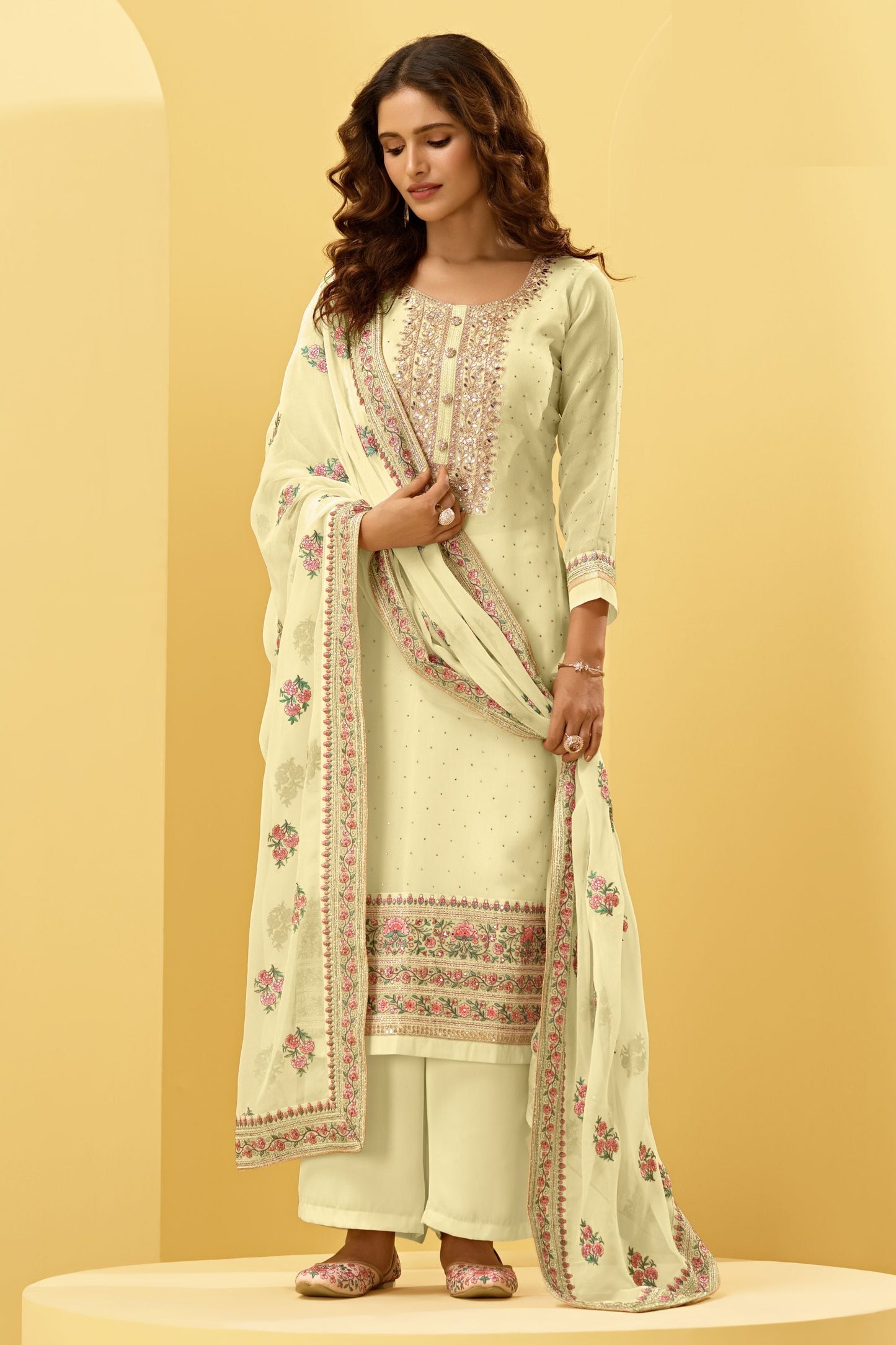 Yellow Georgette salwar suit - Thread Embroidery Work, Swarovski Work