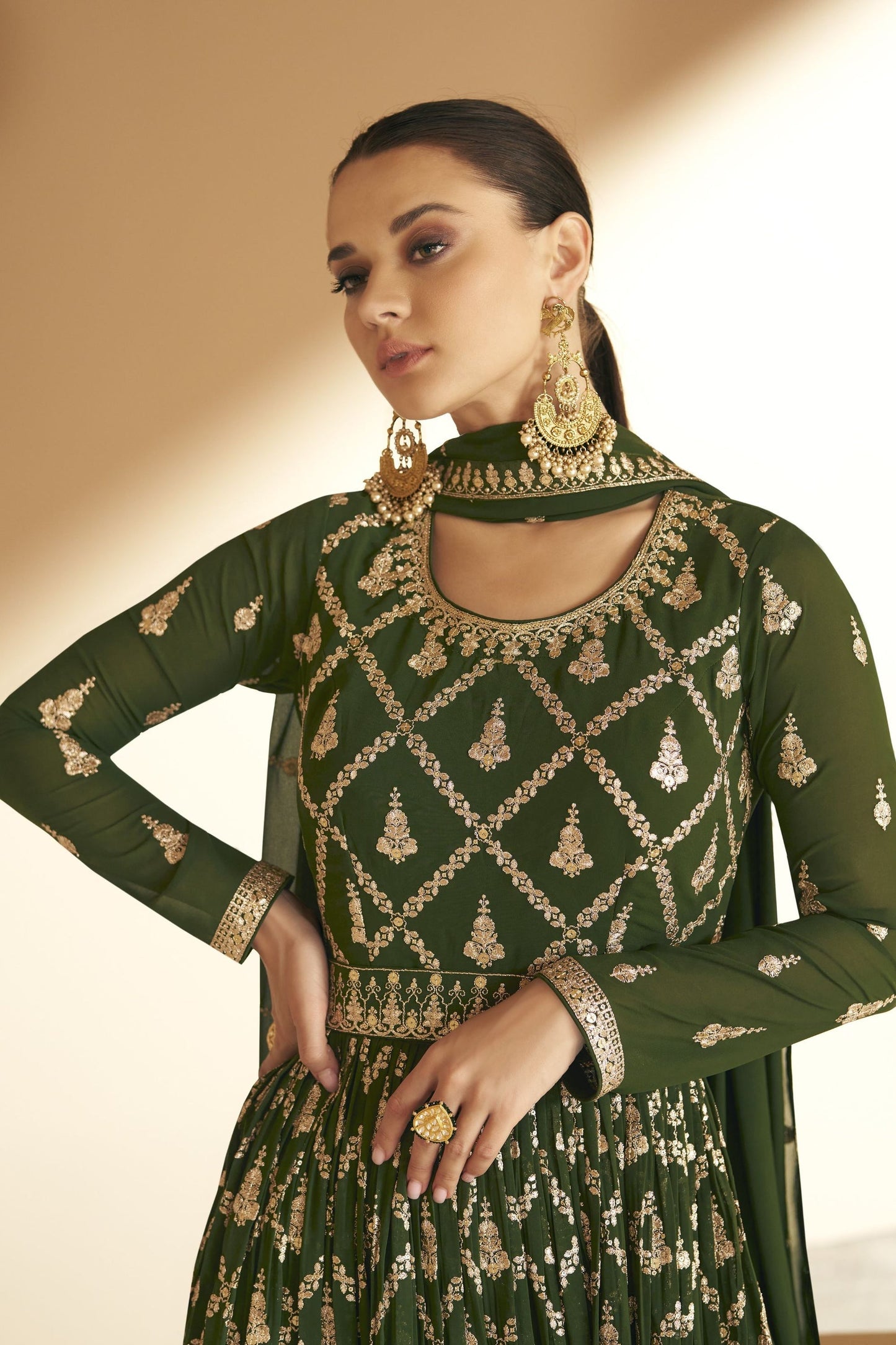 Green Georgette Anarkali Gown For  Festivals & Weddings - Thread Embroidery Work