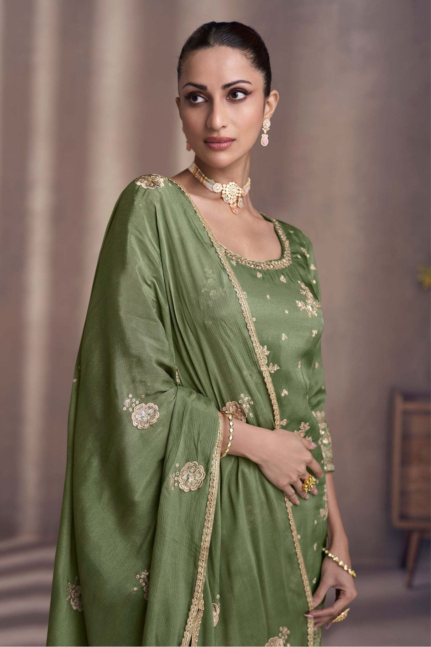 Green Chinon Silk  Sharara Suit - Embroidery Work