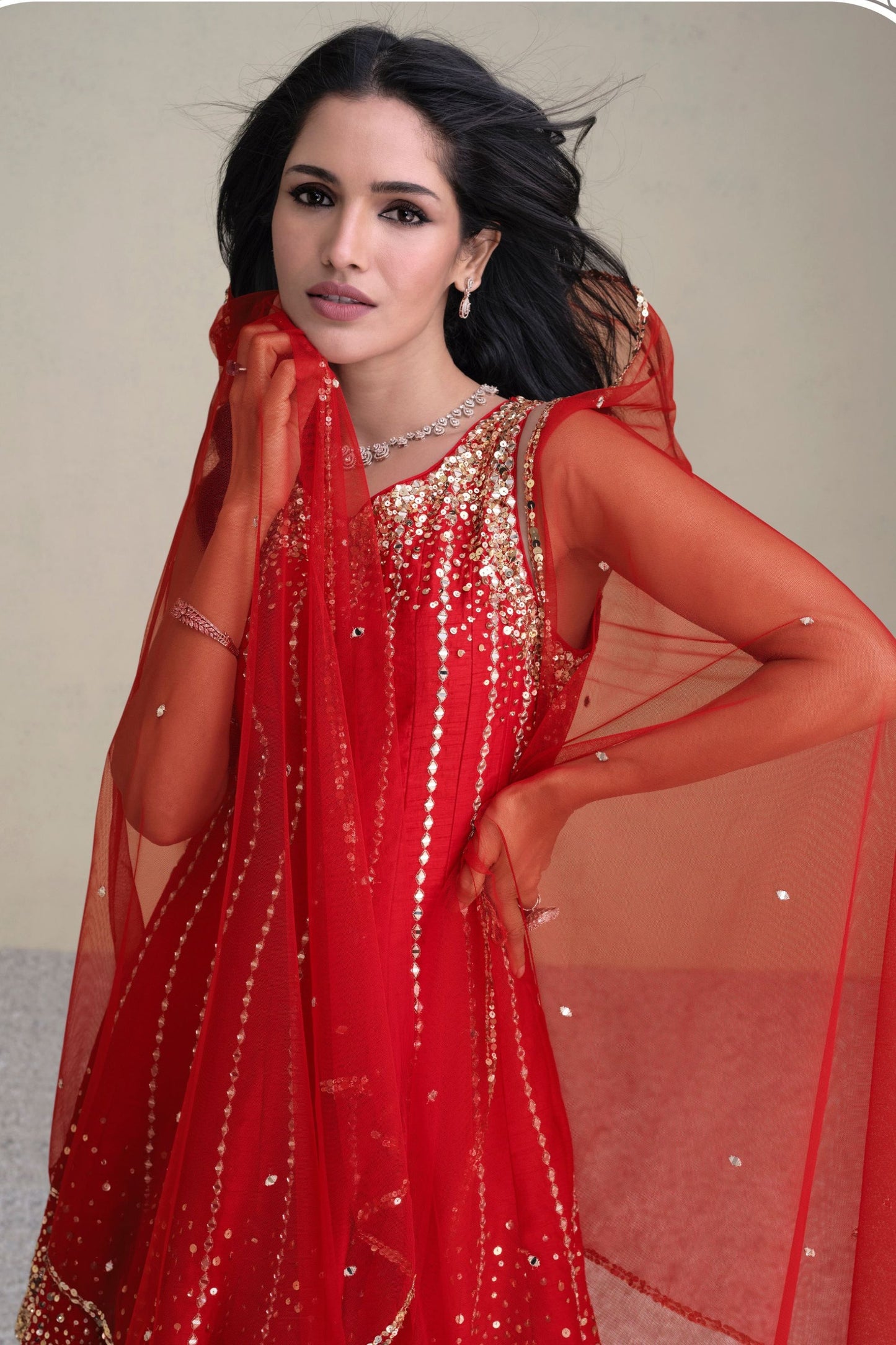 Red Real Silk Dhoti Style salwar Suit - Embroidery Work