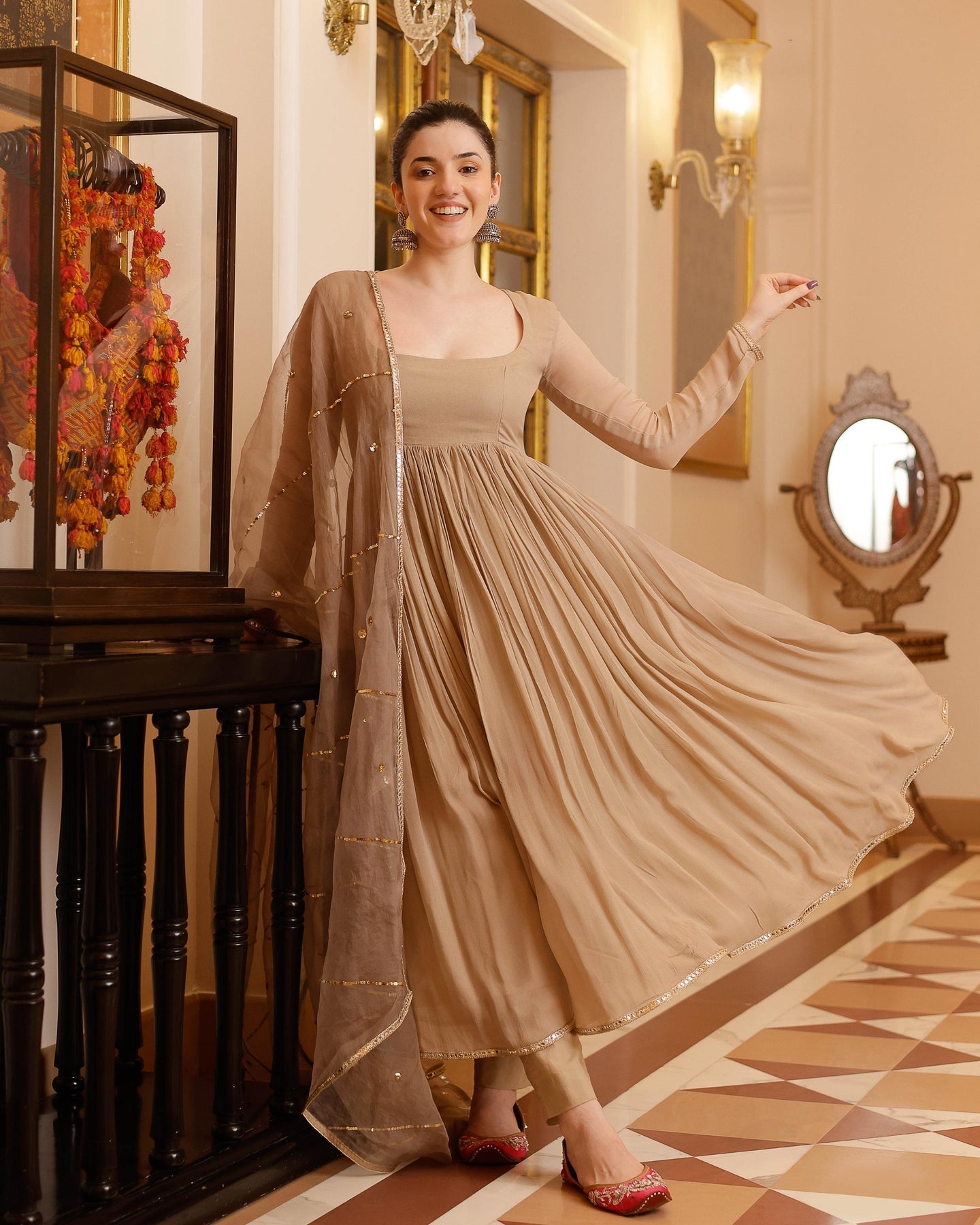 Gotapatti Anarkali Georgette Suit Beige Color