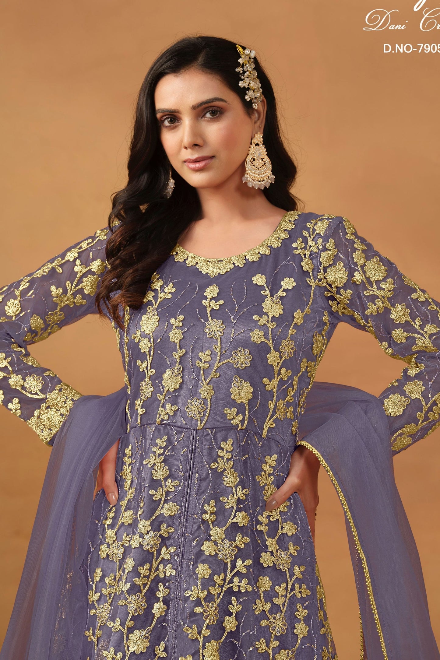 Purple Net Full Length Anarkali Dress with Front Slit For  Festivals & Weddings - Thread & Sequence Embroidery Work