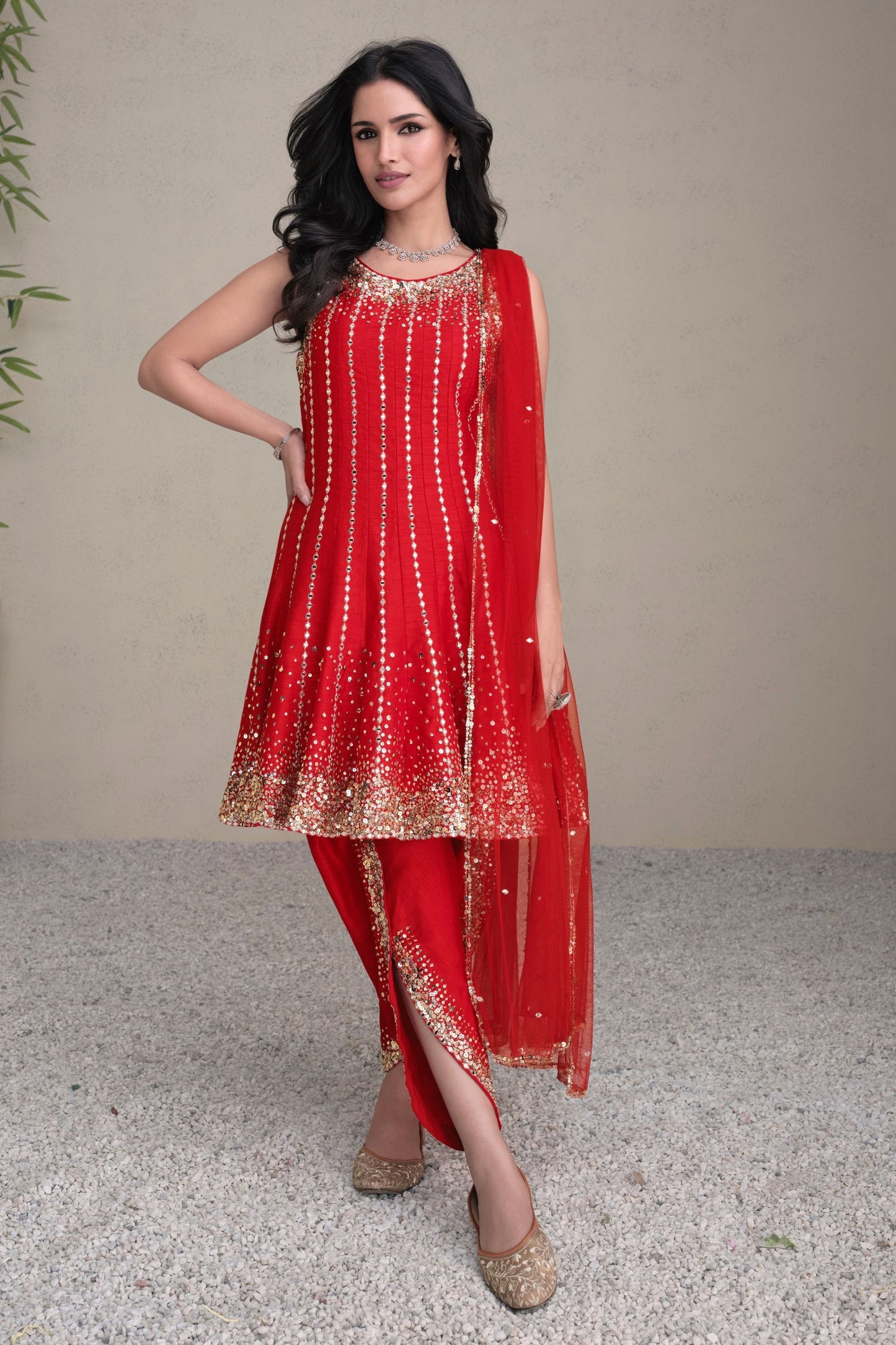 Red Real Silk Dhoti Style salwar Suit - Embroidery Work