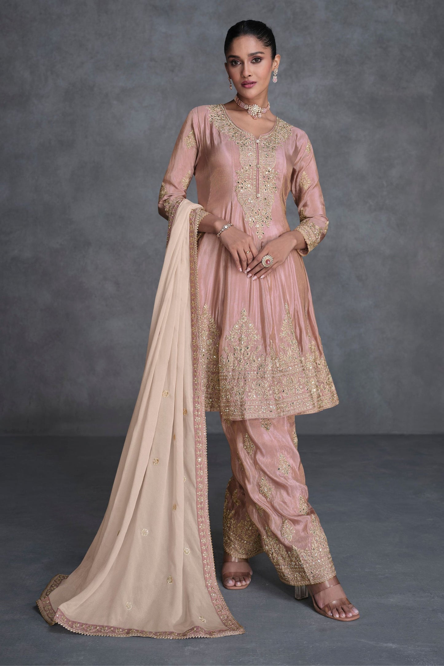 Baby Pink Organza salwar suit - Embroidery Work