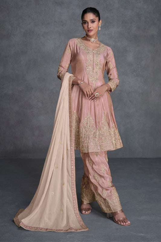 Baby Pink Organza salwar suit - Embroidery Work