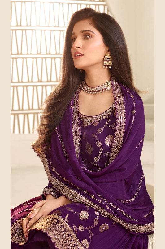 Purple Jacquard Silk  Palazzo Suit Dress - Embroidery Work
