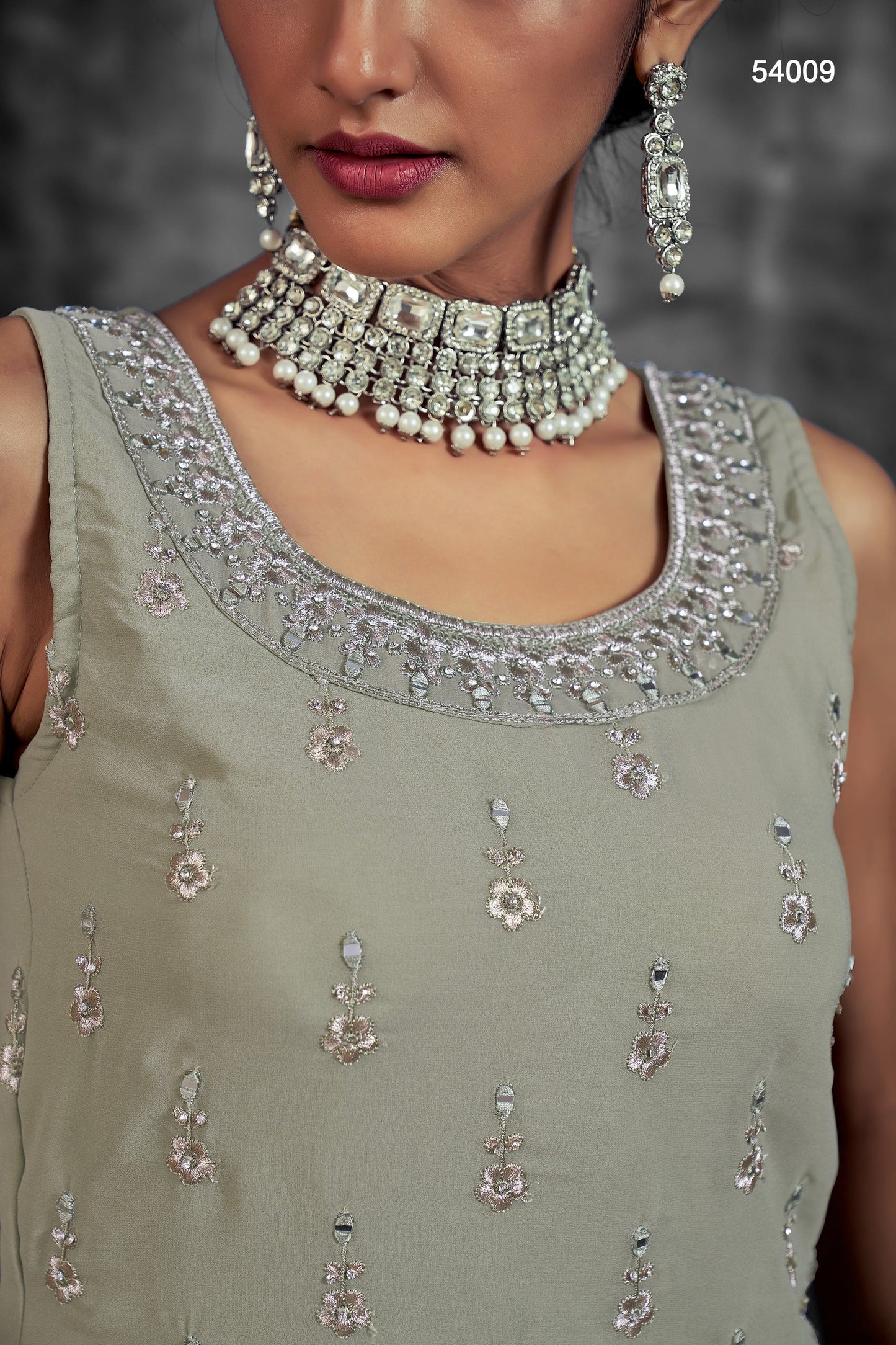 Pista Georgette Sharara suit - Thread Embroidery Work, Mirror Work, Zari Work, Zarkan Work