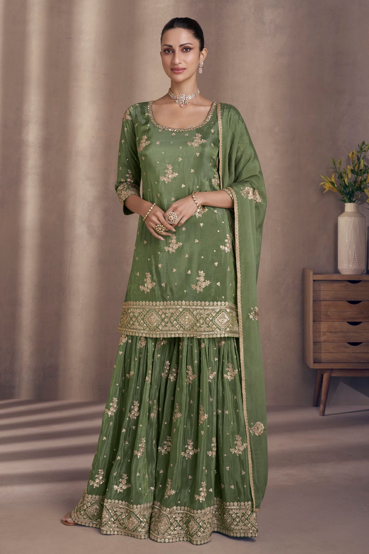 Green Chinon Silk  Sharara Suit - Embroidery Work