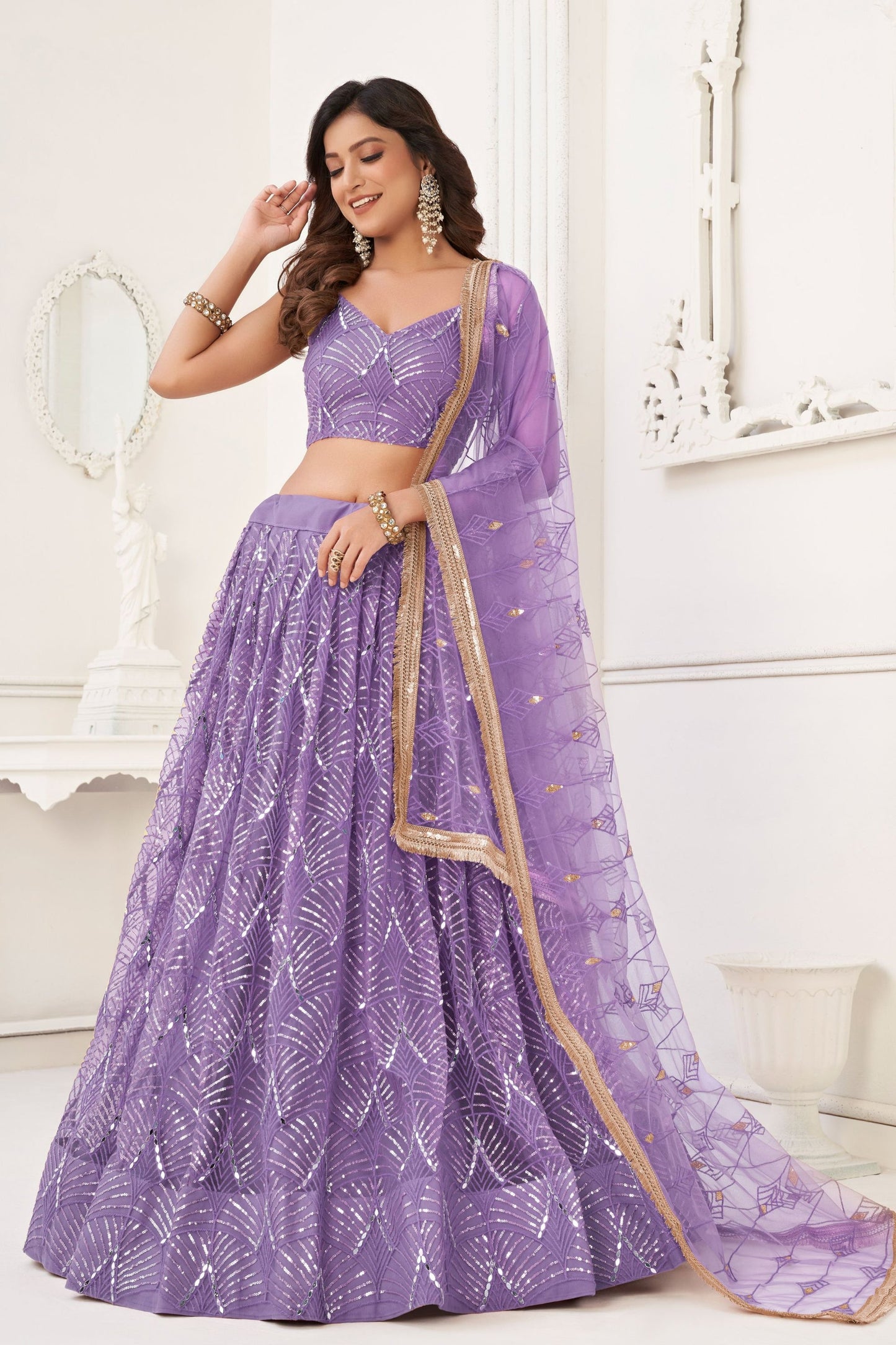 Purple Net Embroidered Lehenga Choli For  Festival & Weddings - Embroidery Work