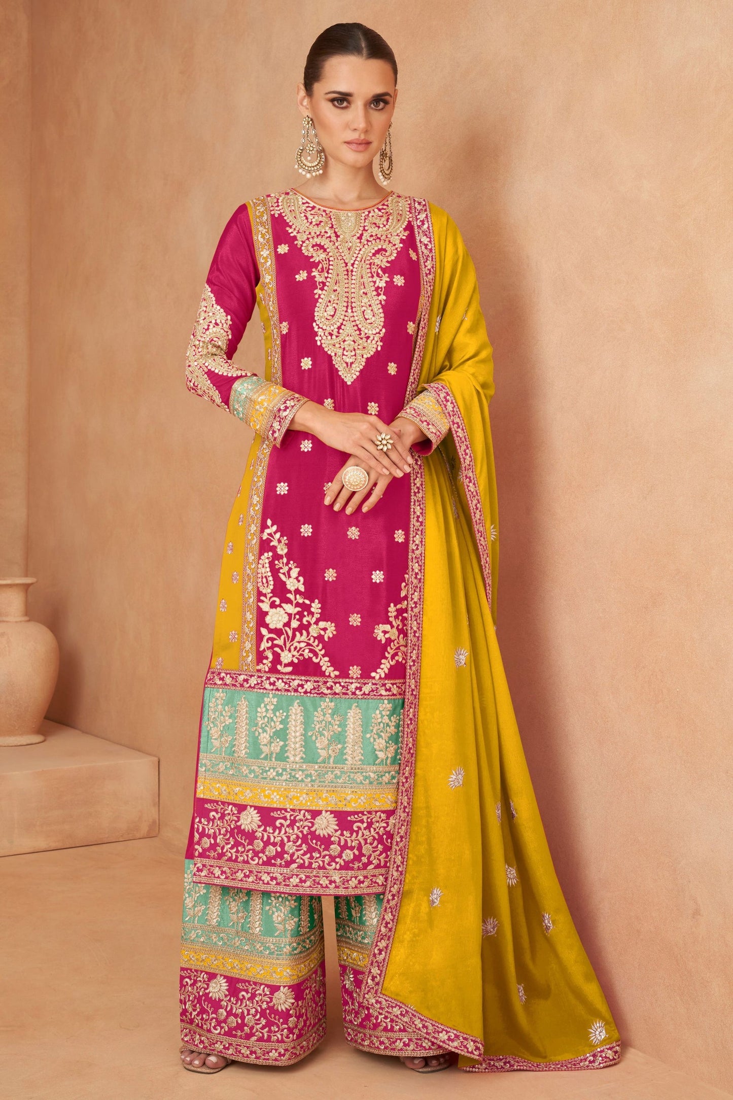 Pink Chinon Plazo Suits For  Festivals &  Wedding - Embroidery Work