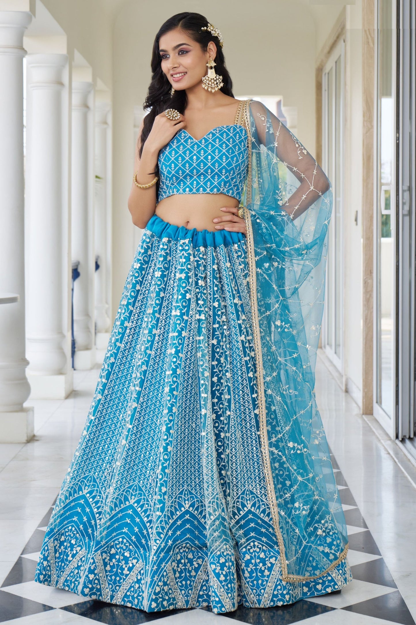 Turquoise Net Embroidered Lehenga Choli For  Festival & Weddings - Embroidery Work