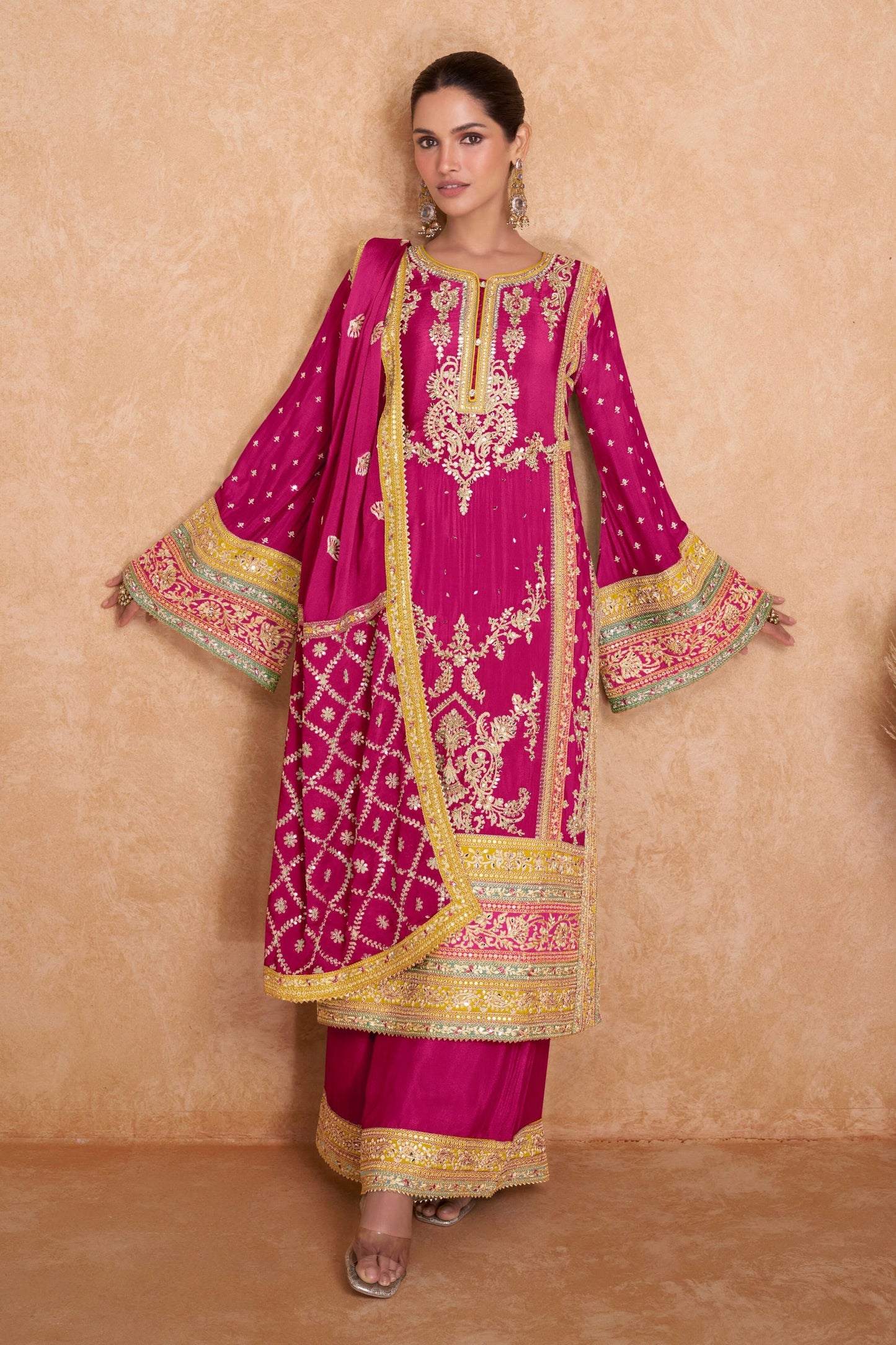 Yellow Chinon Plazo Suit For Indian Festivals & Weddings - Embroidery Work