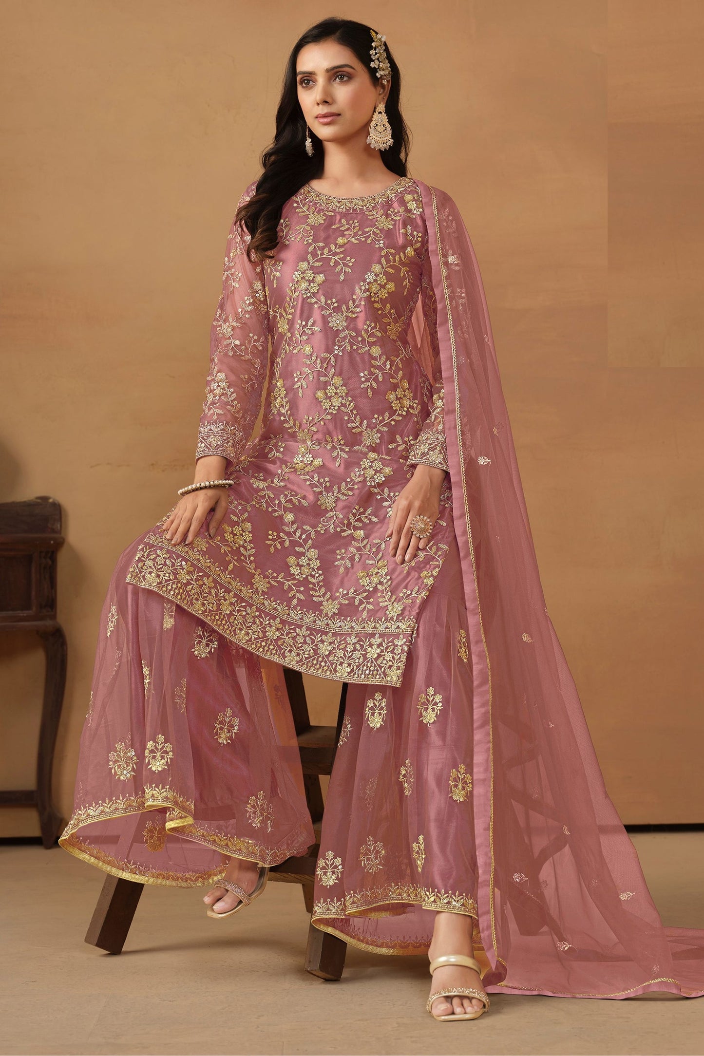 Pink Net Sharara Suit - Thread & Sequence Embroidery Work