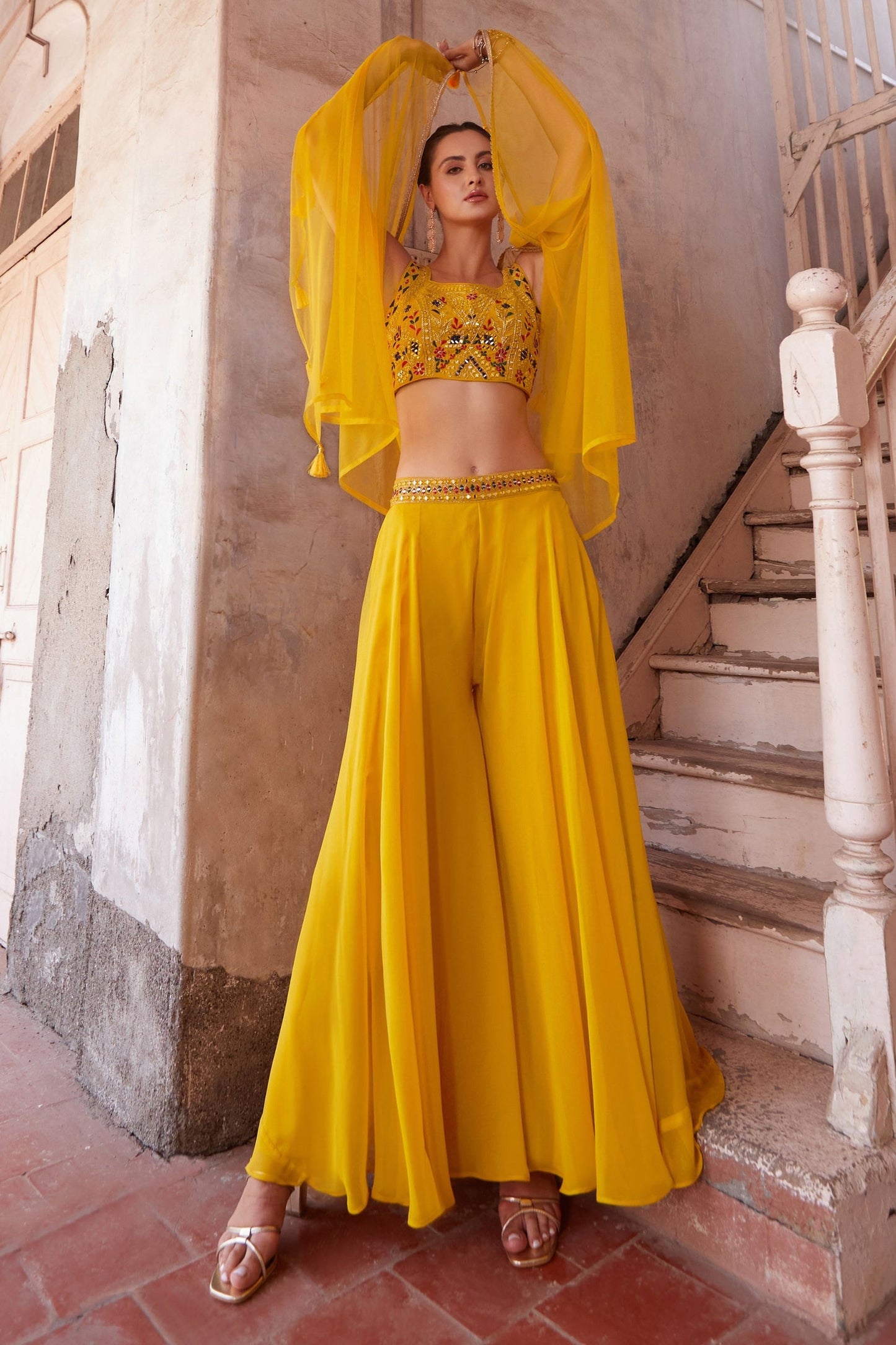 Yellow Georgette Palazzo Choli For Festivals & Weddings - Thread Embroidery Work, Hand Embellishment, Mirror Work