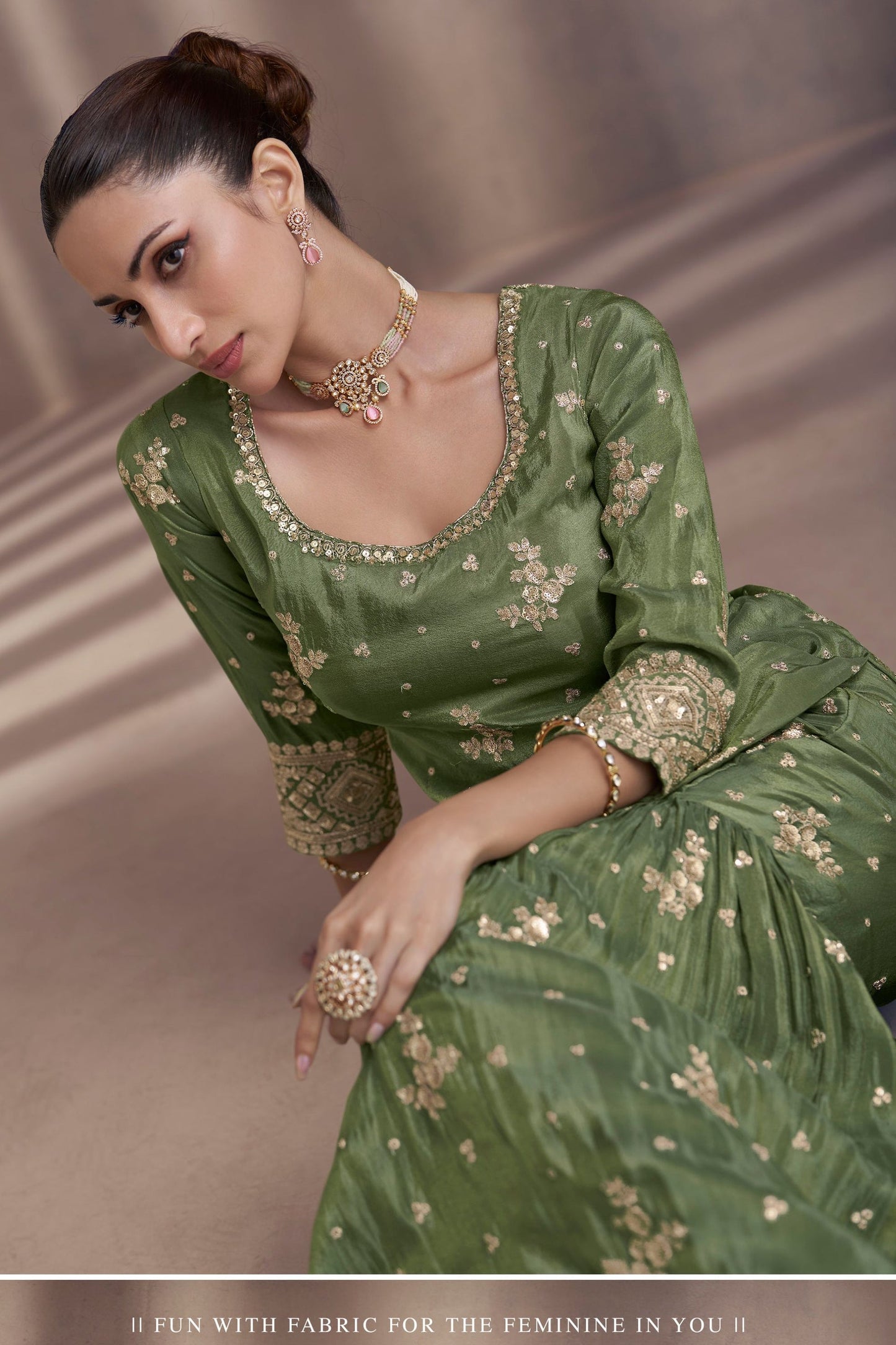 Green Chinon Silk  Sharara Suit - Embroidery Work