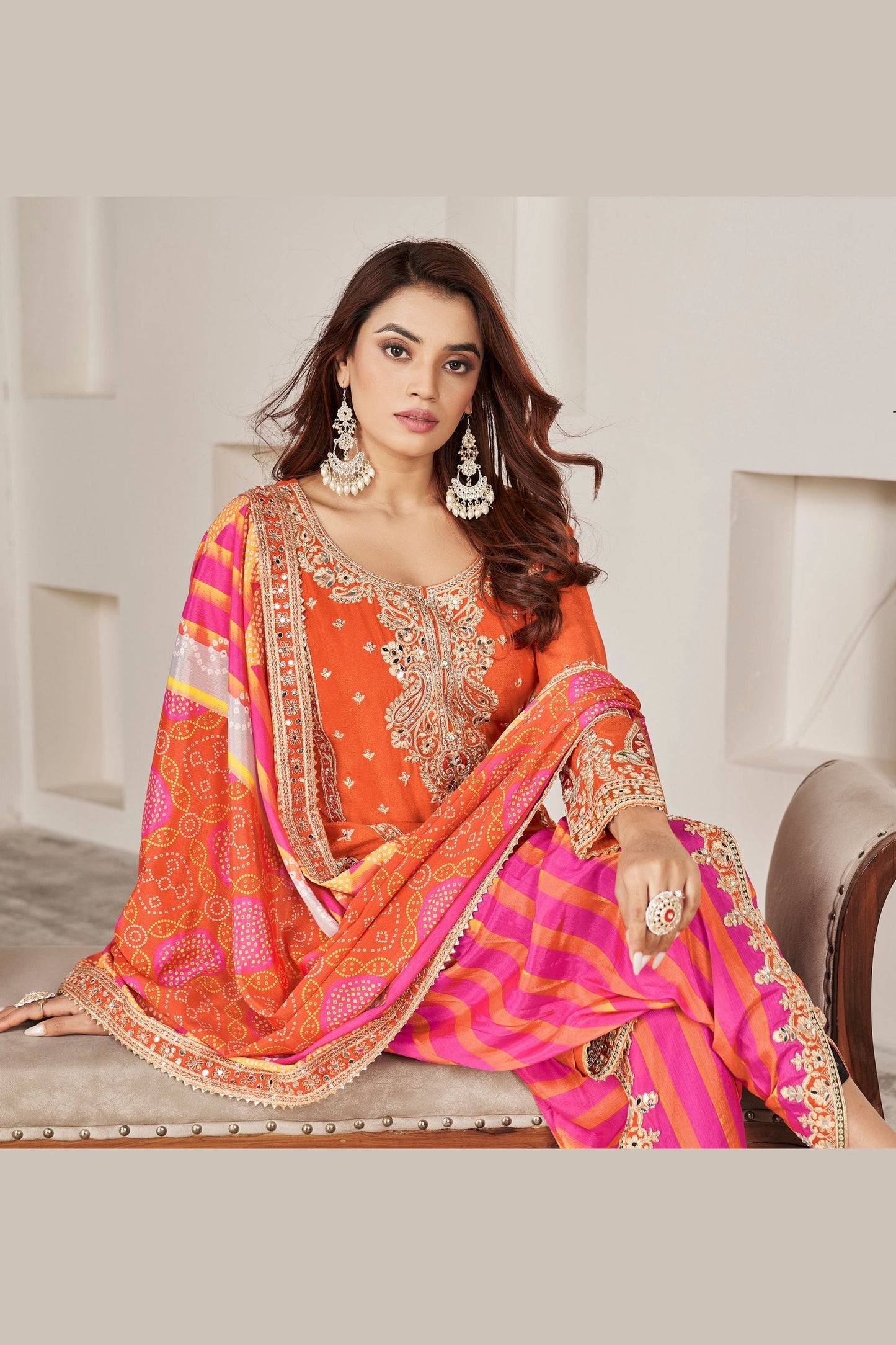 Orange Chinon Silk Salwar suit - Sequence Embroidery Work, Dori Work, Print Work, Mirror Work