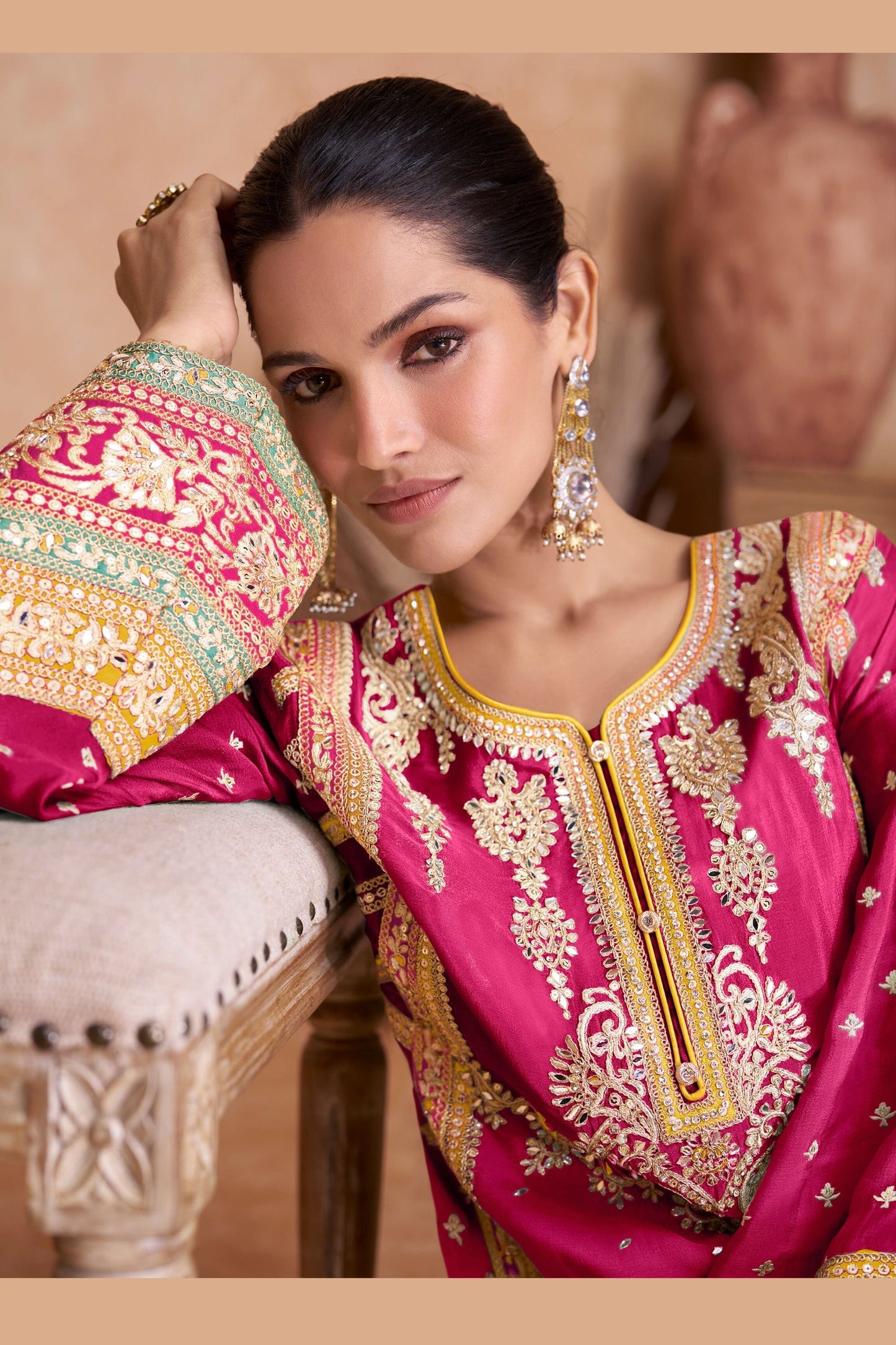 Yellow Chinon Plazo Suit For Indian Festivals & Weddings - Embroidery Work