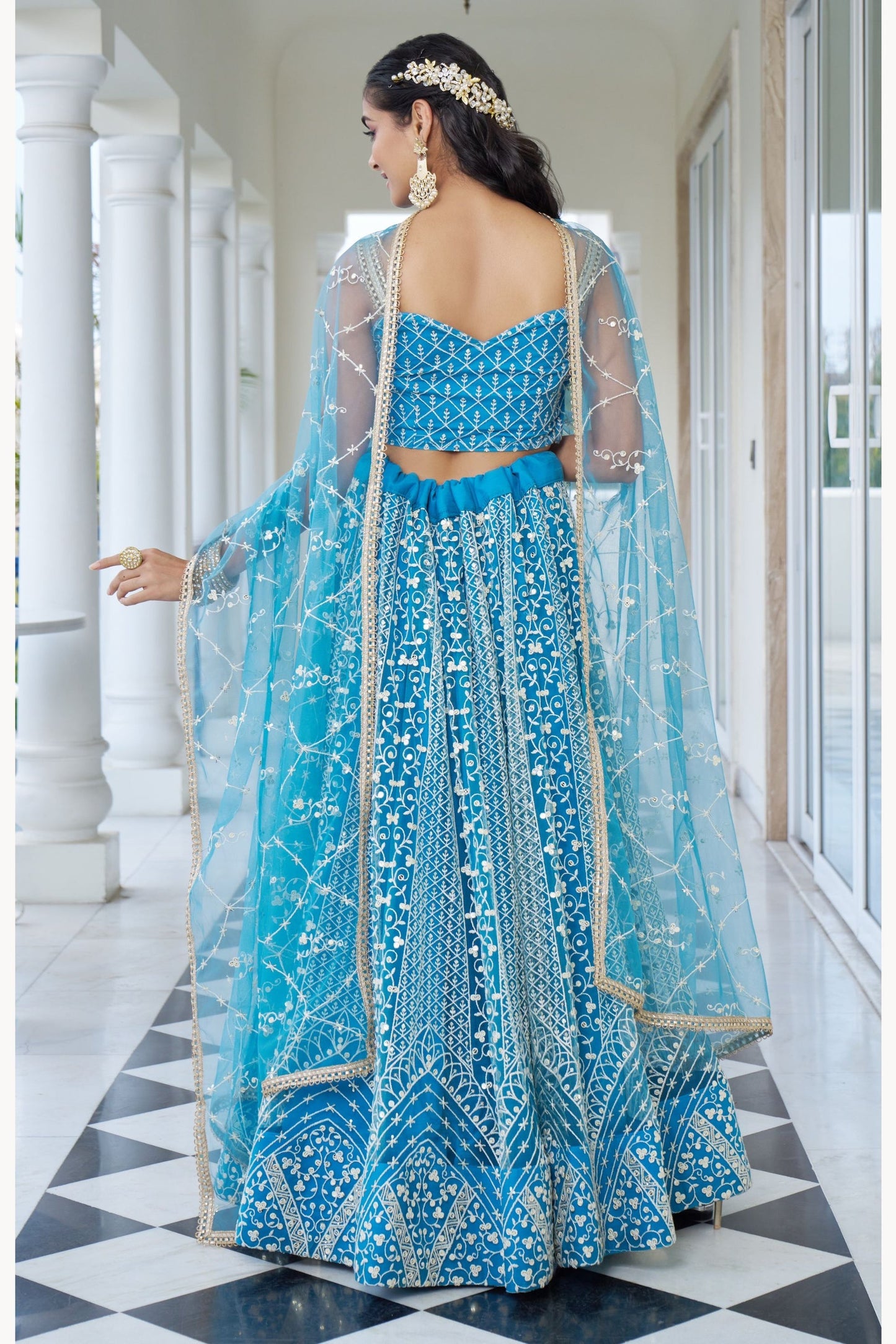 Turquoise Net Embroidered Lehenga Choli For  Festival & Weddings - Embroidery Work