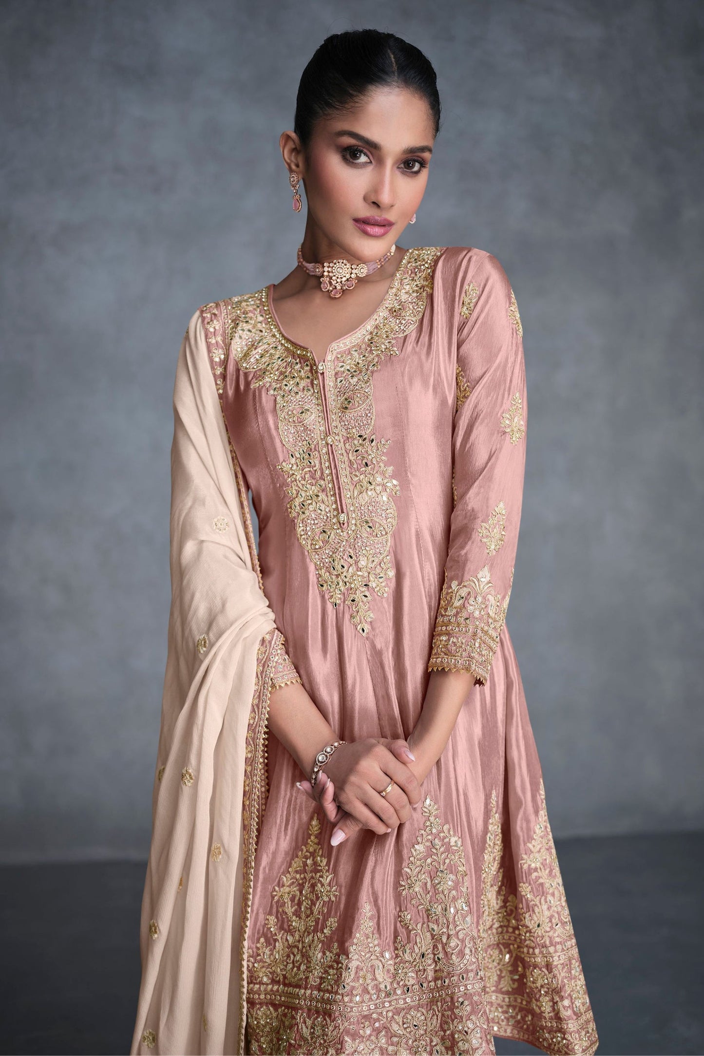 Baby Pink Organza salwar suit - Embroidery Work