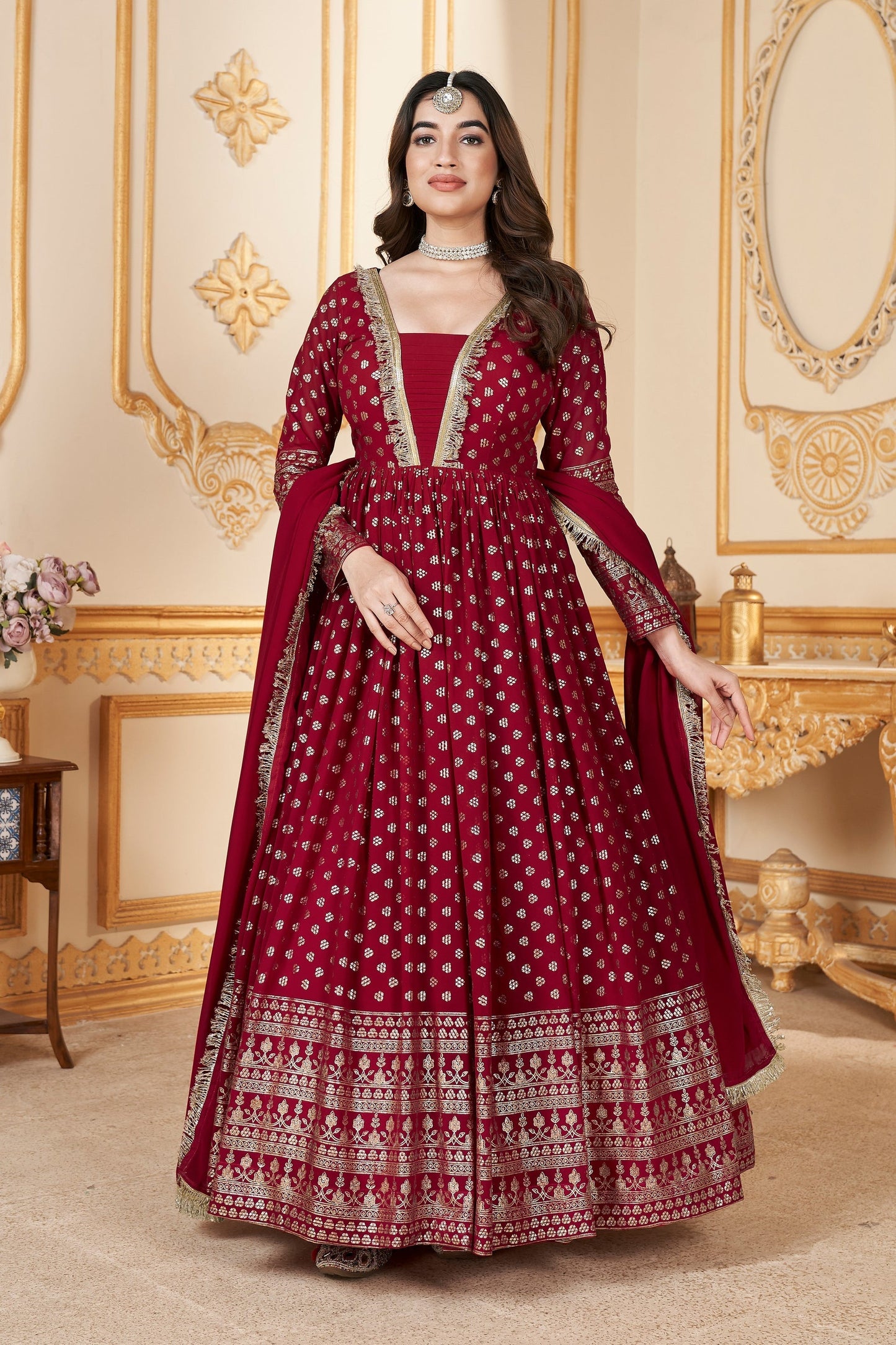 Red Georgette Full Length Anarkali Suit For  Festivals &  Weddings - Metallic Foil Work