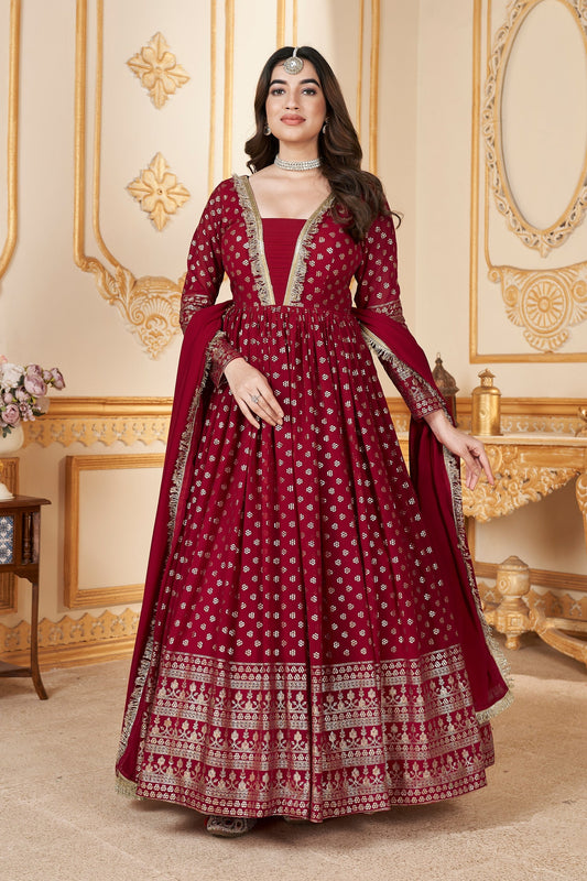 Red Georgette Full Length Anarkali Suit For  Festivals &  Weddings - Metallic Foil Work