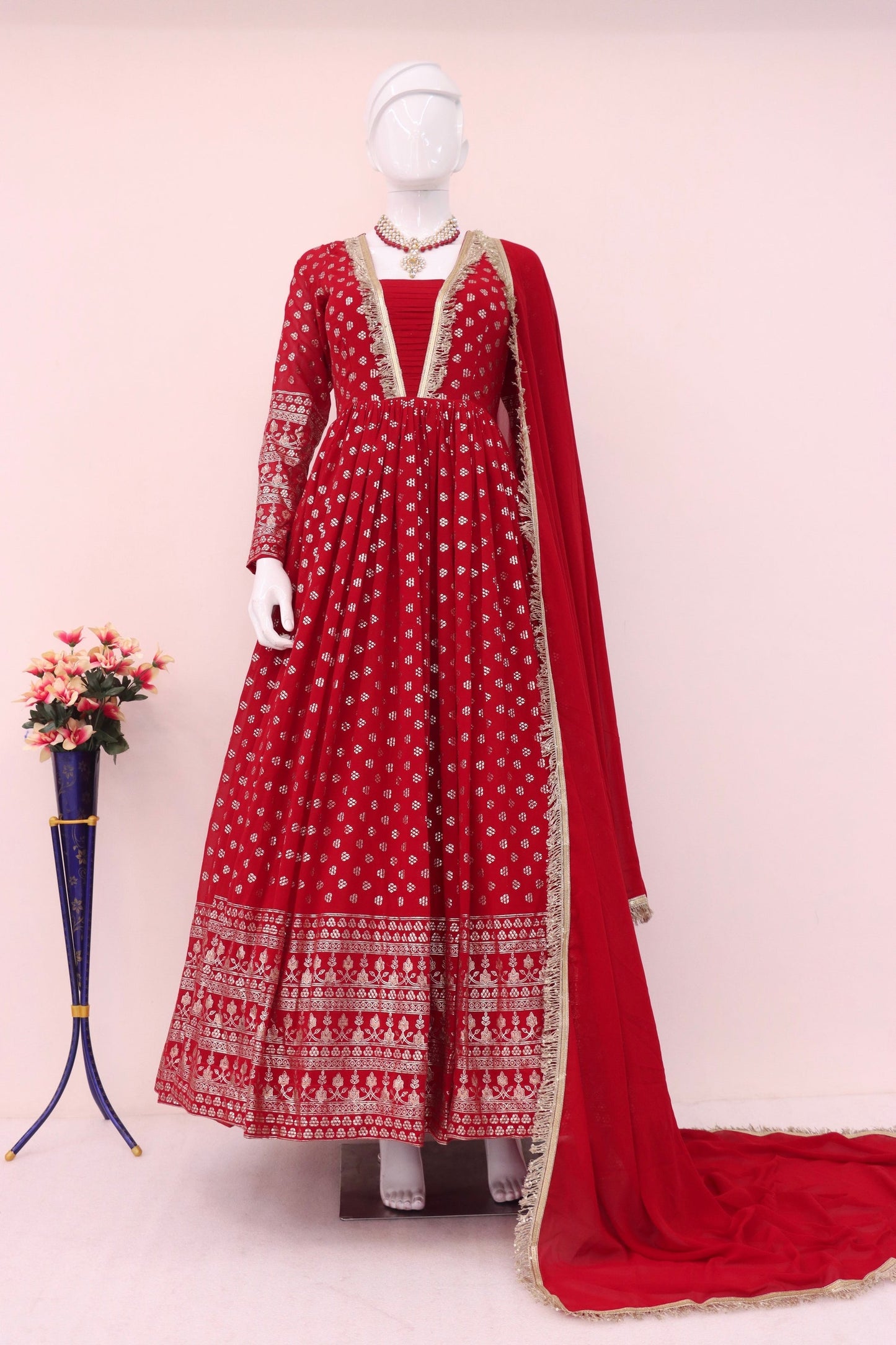 Red Georgette Full Length Anarkali Suit For  Festivals &  Weddings - Metallic Foil Work