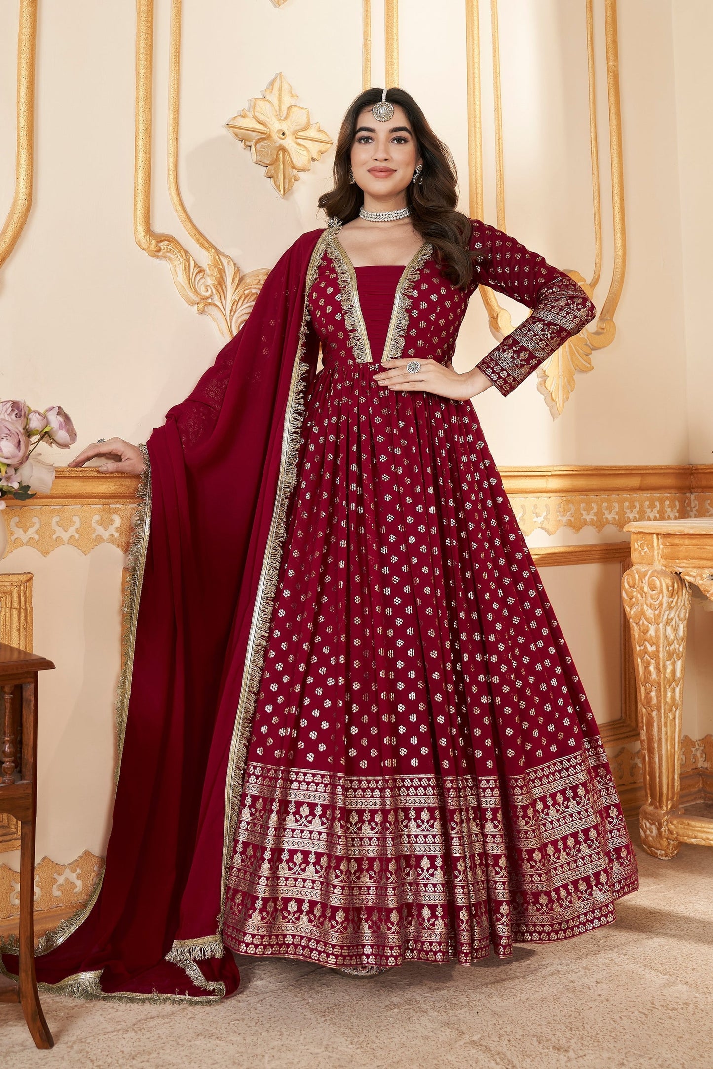 Red Georgette Full Length Anarkali Suit For  Festivals &  Weddings - Metallic Foil Work