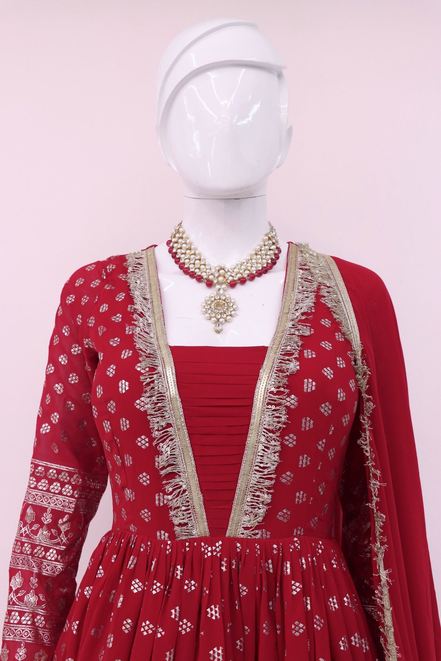 Red Georgette Full Length Anarkali Suit For  Festivals &  Weddings - Metallic Foil Work