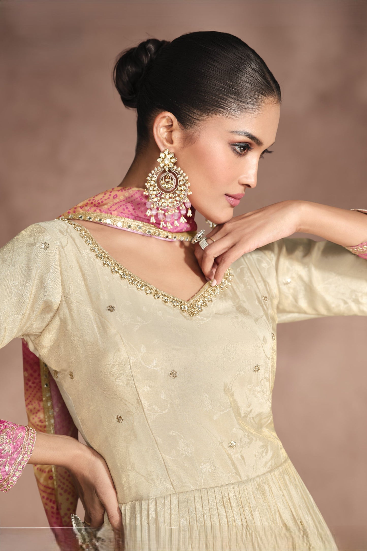 Cream Simar Jacquard Silk Full Floor Length Anarkali Gown With Bandhani Dupatta For  Festival & Weddings - Embroidery Work