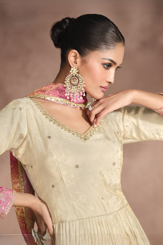 Cream Simar Jacquard Silk Full Floor Length Anarkali Gown With Bandhani Dupatta For  Festival & Weddings - Embroidery Work
