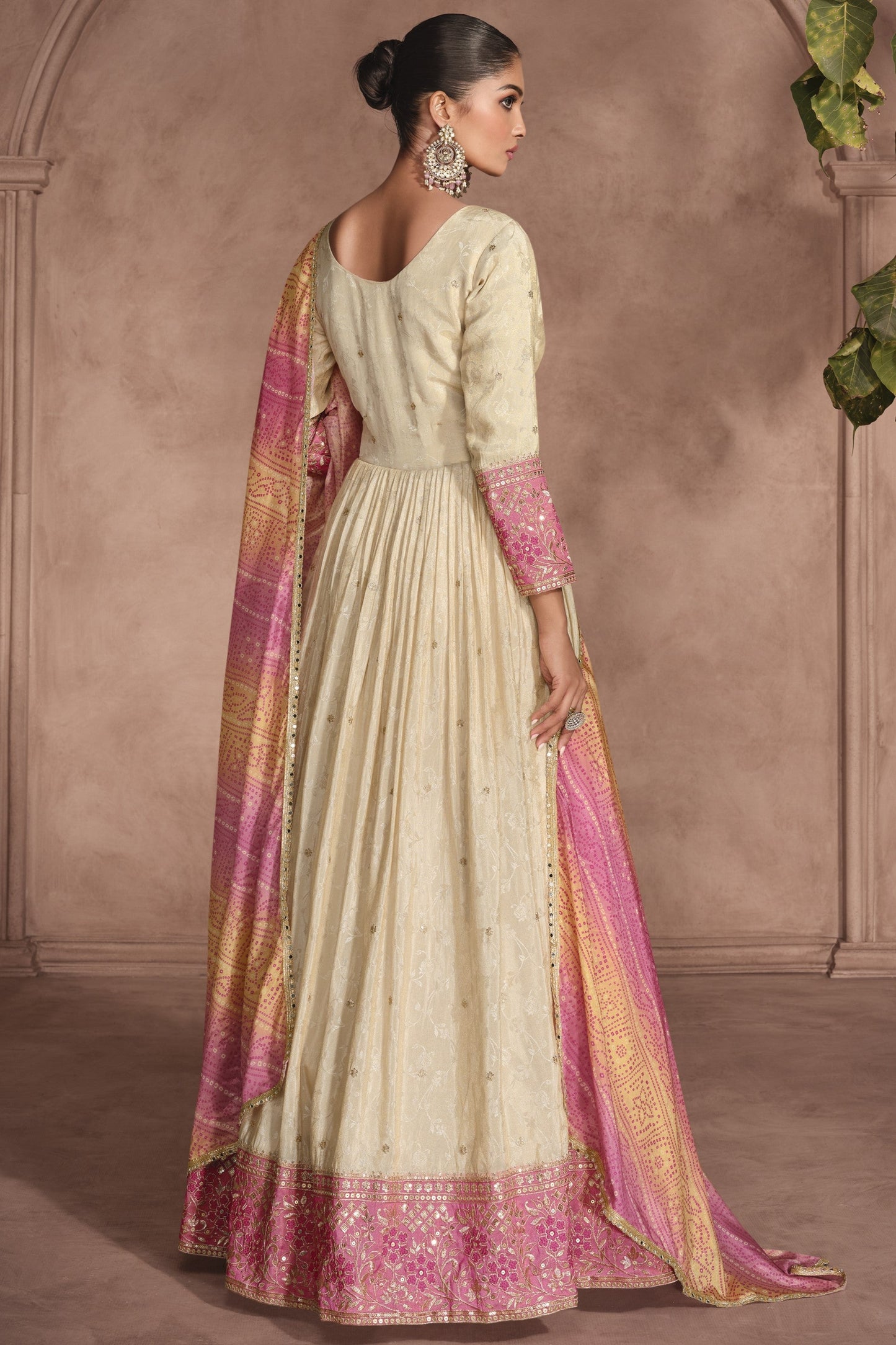 Cream Simar Jacquard Silk Full Floor Length Anarkali Gown With Bandhani Dupatta For  Festival & Weddings - Embroidery Work
