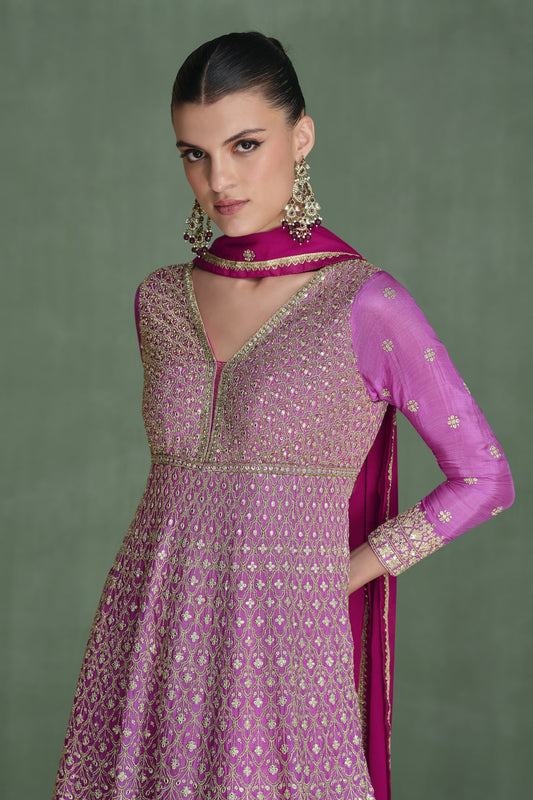 Pink Georgette Full Floor Length Dual Color Anarkali Gown With Dupatta For  Festivals & Weddings - Embroidery Work, Swarovski Work