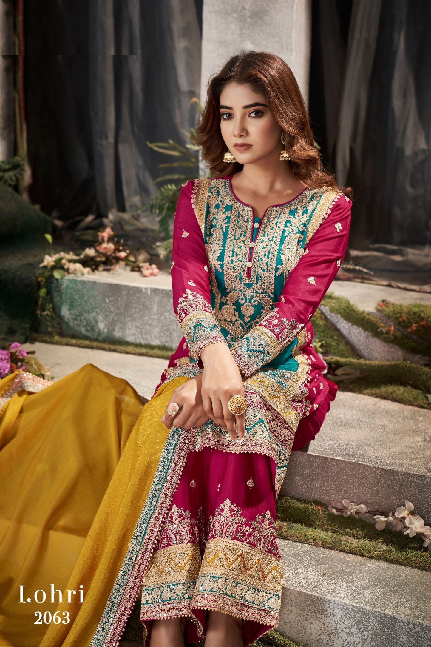 Turquoise Chinon Silk Plazo Suit - Sequence Embroidery Work, Mirror Work