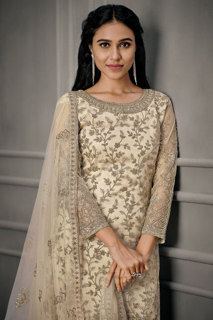 Cream Net salwar with Pant - Embroidery Work