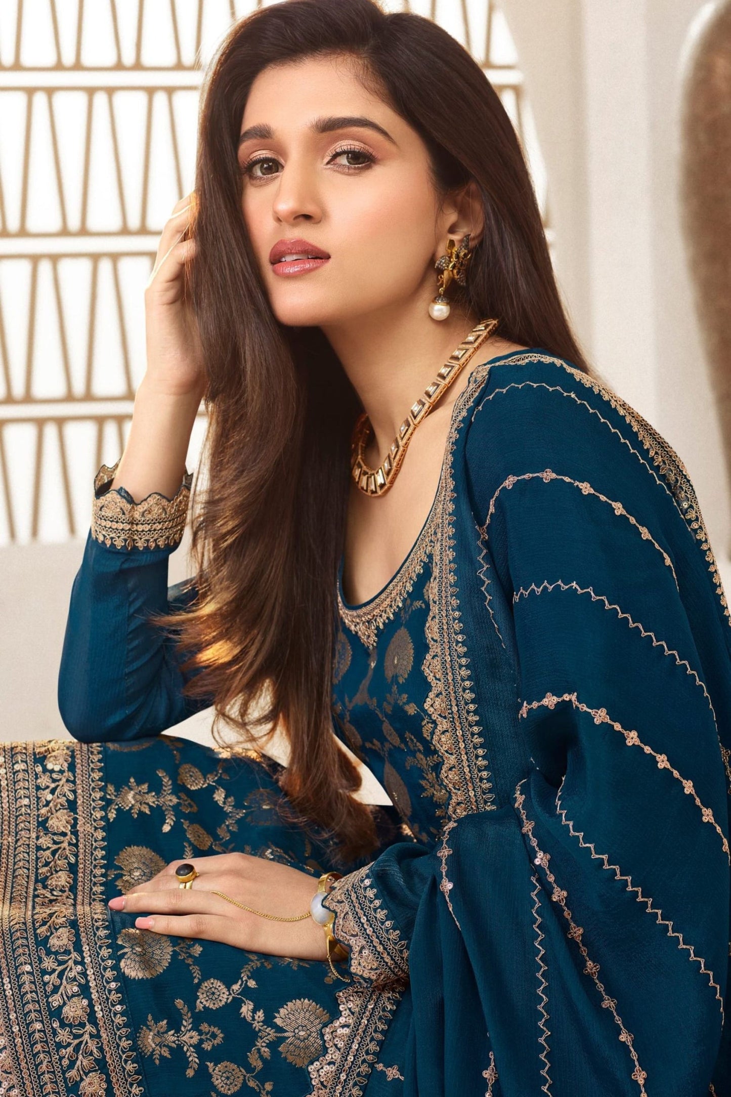 Teal Jacquard Silk Palazzo Suit - Embroidery Work