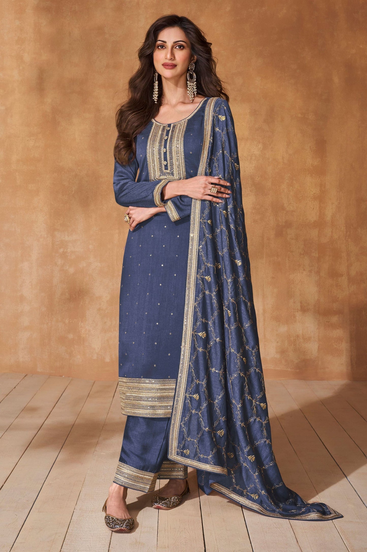 Gray Silk Salwar suit - Thread Embroidery Work