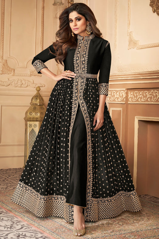 Black Georgette Anarkali Gown For  Festivals &  Weddings Dress - Sequence Embroidery Work, Stone work