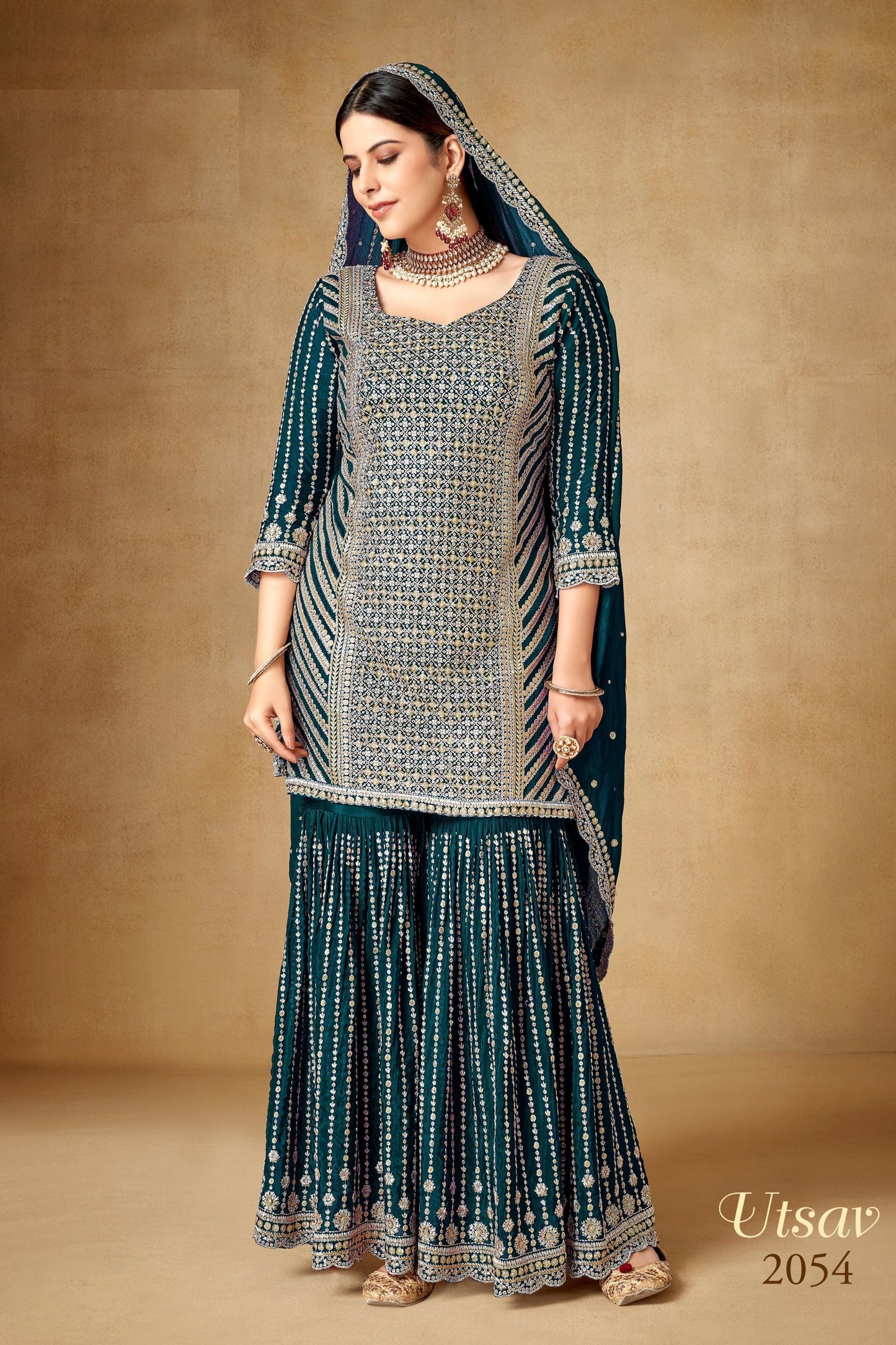 Teal Chinon Silk Sharara Suit - Sequence Embroidery Work, Zari Work