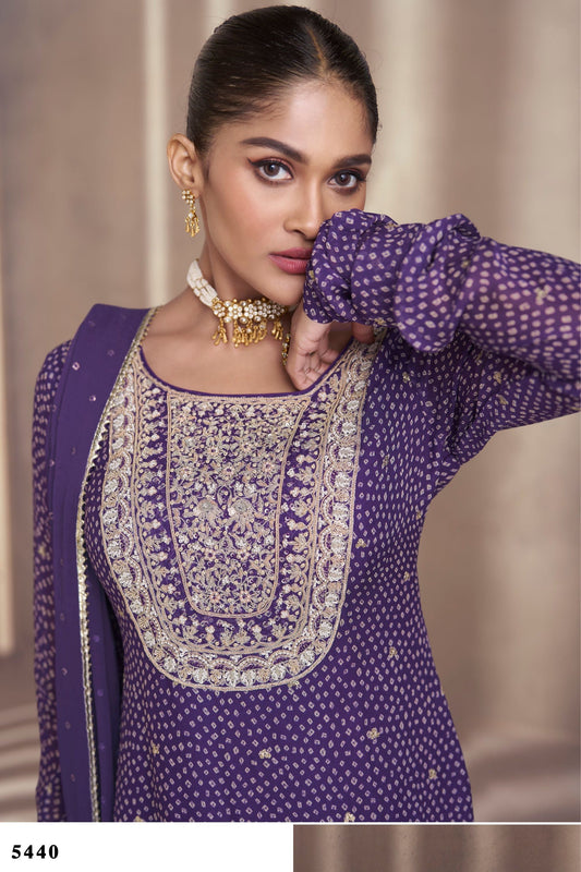 Purple Chinon Silk Sharara Suit - Embroidery Work