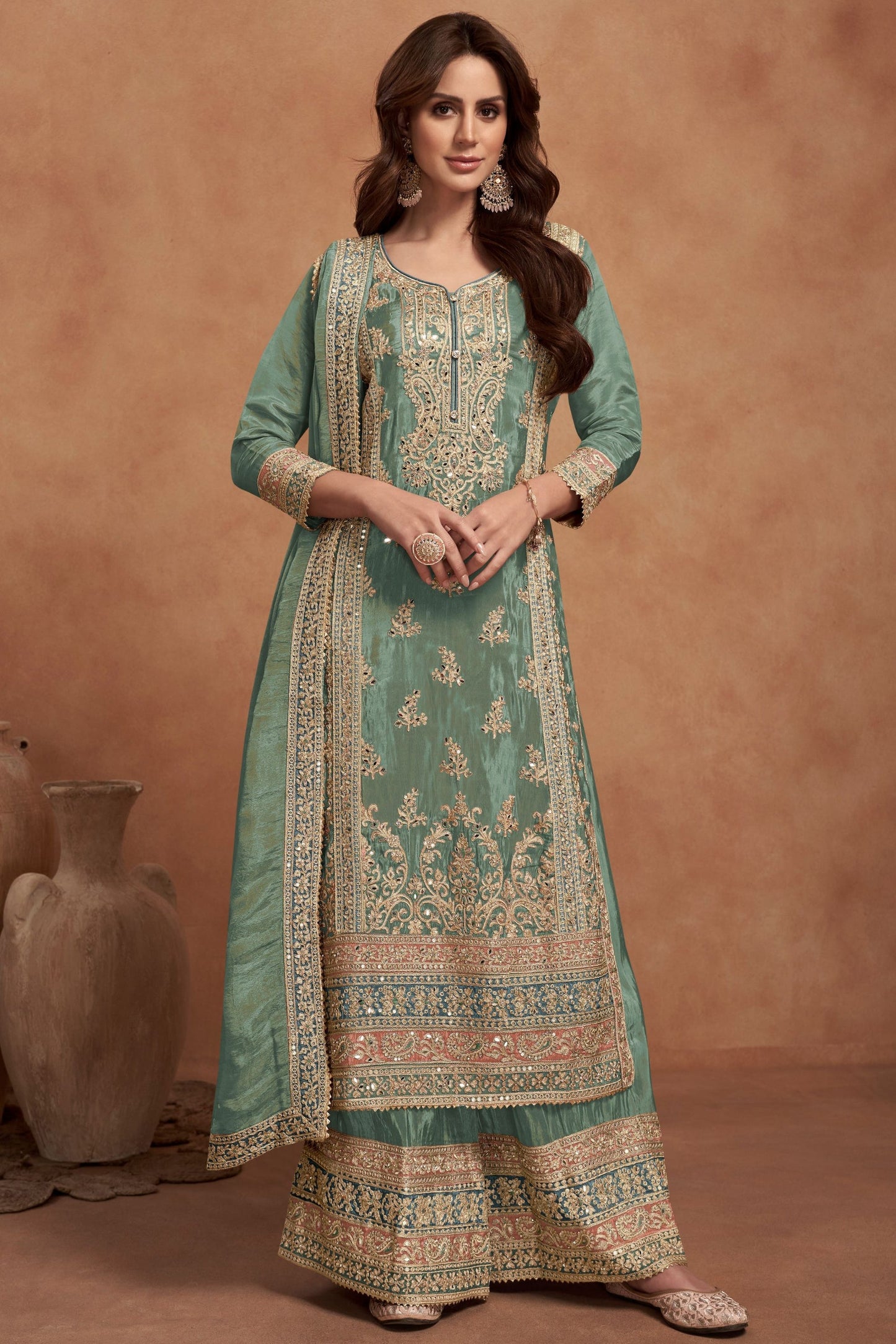 Dusty Green Simar Silk Plazo Suit - Embroidery Work